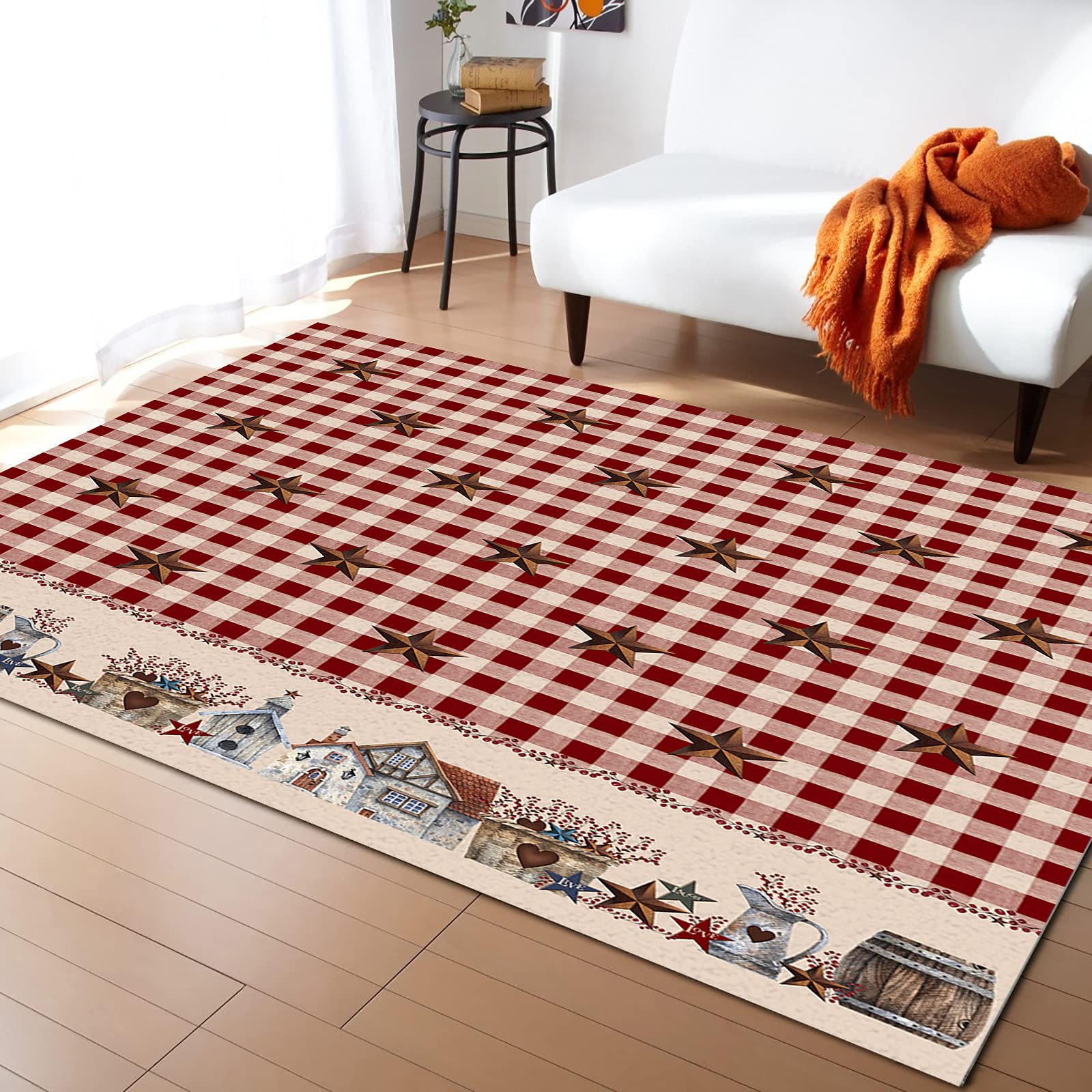 4'x7' Washable Area Runner Rug - Country Primitive Barn Star Design for Indoor & Outdoor Use | Perfect for Kitchen, Living Room, Bathroom, Bedroom, Classroom & Laundry Room | Rustic Farmhouse Buffalo Check Doormat & Desk Mat for Cozy Home Decor