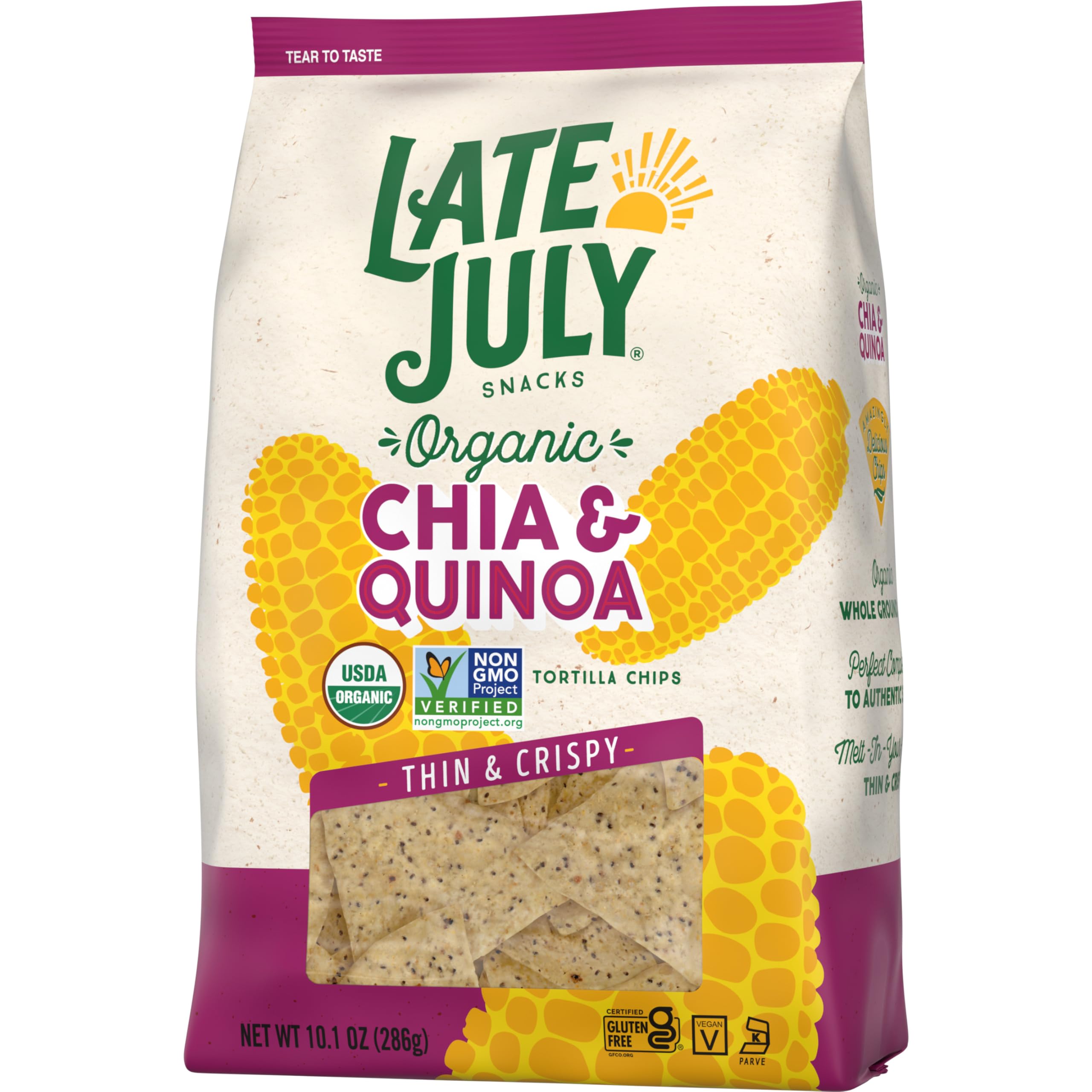 Organic Thin & Crispy Tortilla Chips with Chia & Quinoa - Late July Snacks, 10.1oz | Gluten-Free, Non-GMO | Perfect for Parties, Snacking & Healthy Diets