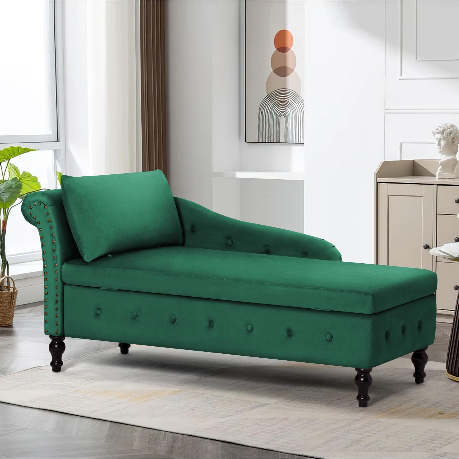 Velvet Upholstered Chaise Lounge with Left Armrest & Lumbar Pillow - Button Tufted Storage Sofa, Modern Lounge Chair for Bedroom, Living Room & Office - Green | Perfect for Small Spaces, Reading Nook & Relaxation