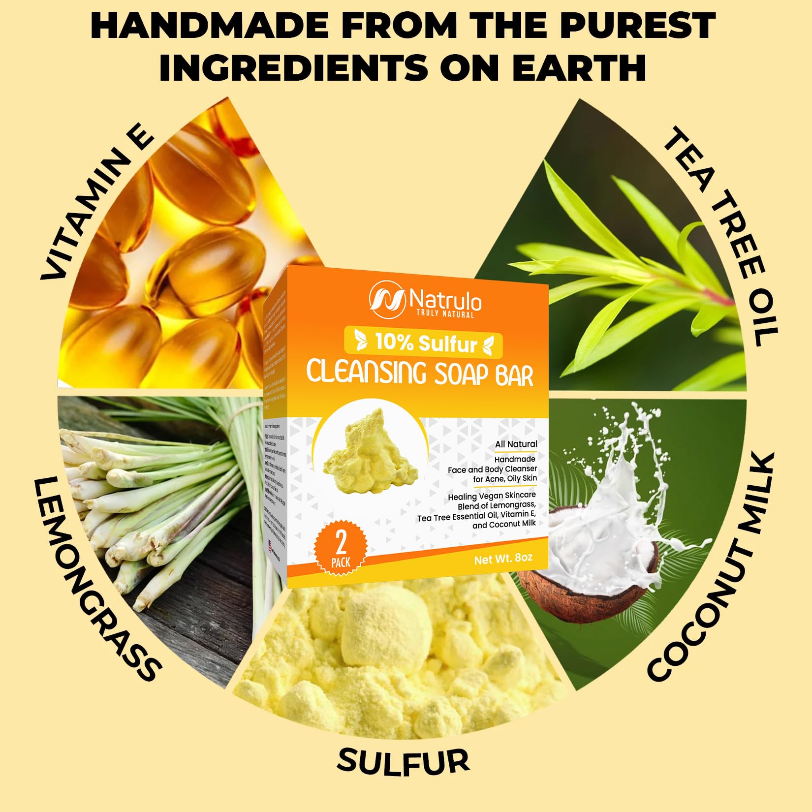 10% Sulfur Soap Bar for Acne & Oily Skin - Natural Face & Body Cleanser with Tea Tree Oil, Lemongrass, Vitamin E & Coconut Milk - Made in USA - Perfect for Daily Skincare Routine & Acne Treatment