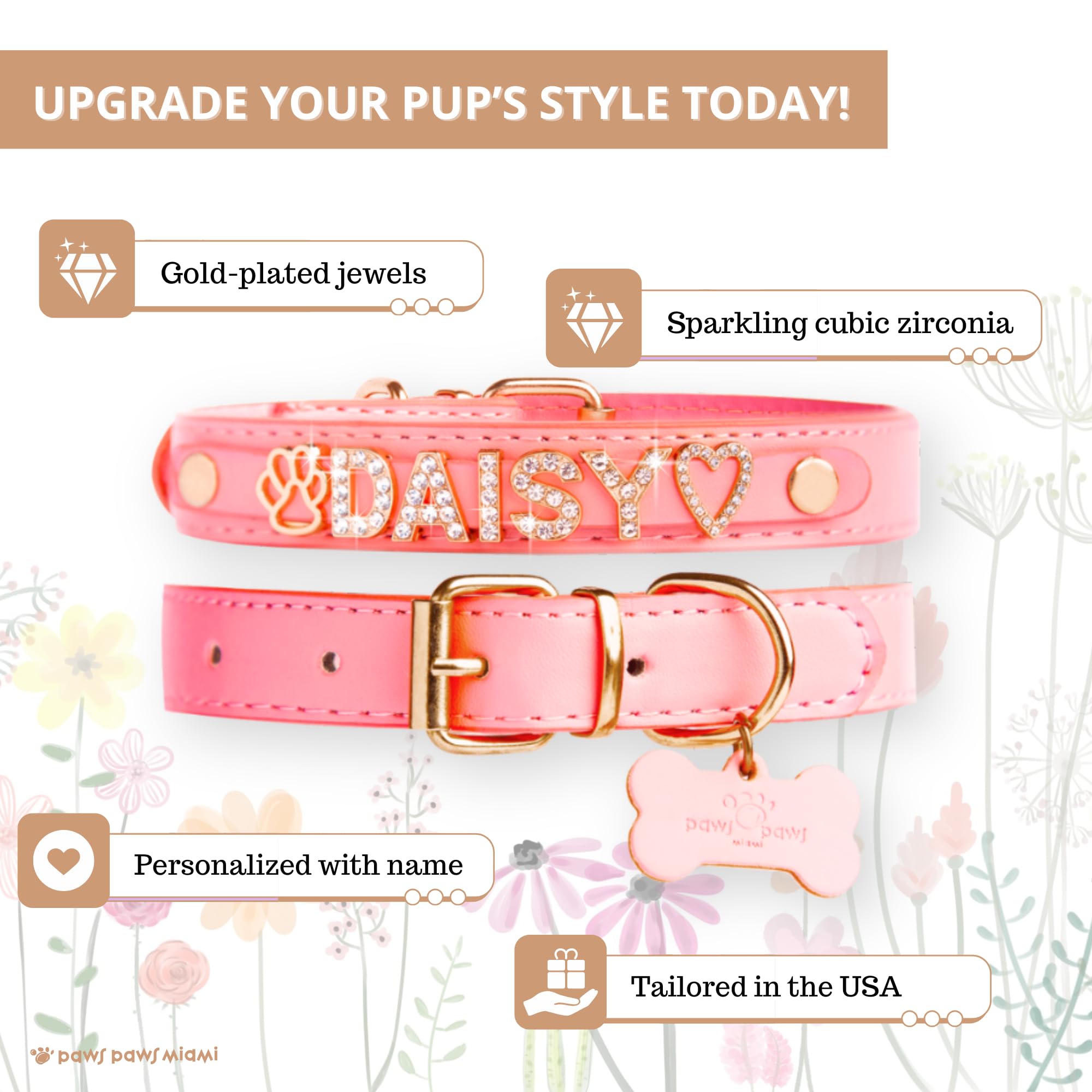 Custom Personalized Dog Collar for Medium Dogs - Gold Plated Cubic Zirconia Initials & Charm Jewels - Pink Miami Style Pet Accessory - Perfect for Daily Walks, Special Occasions & Gift Giving