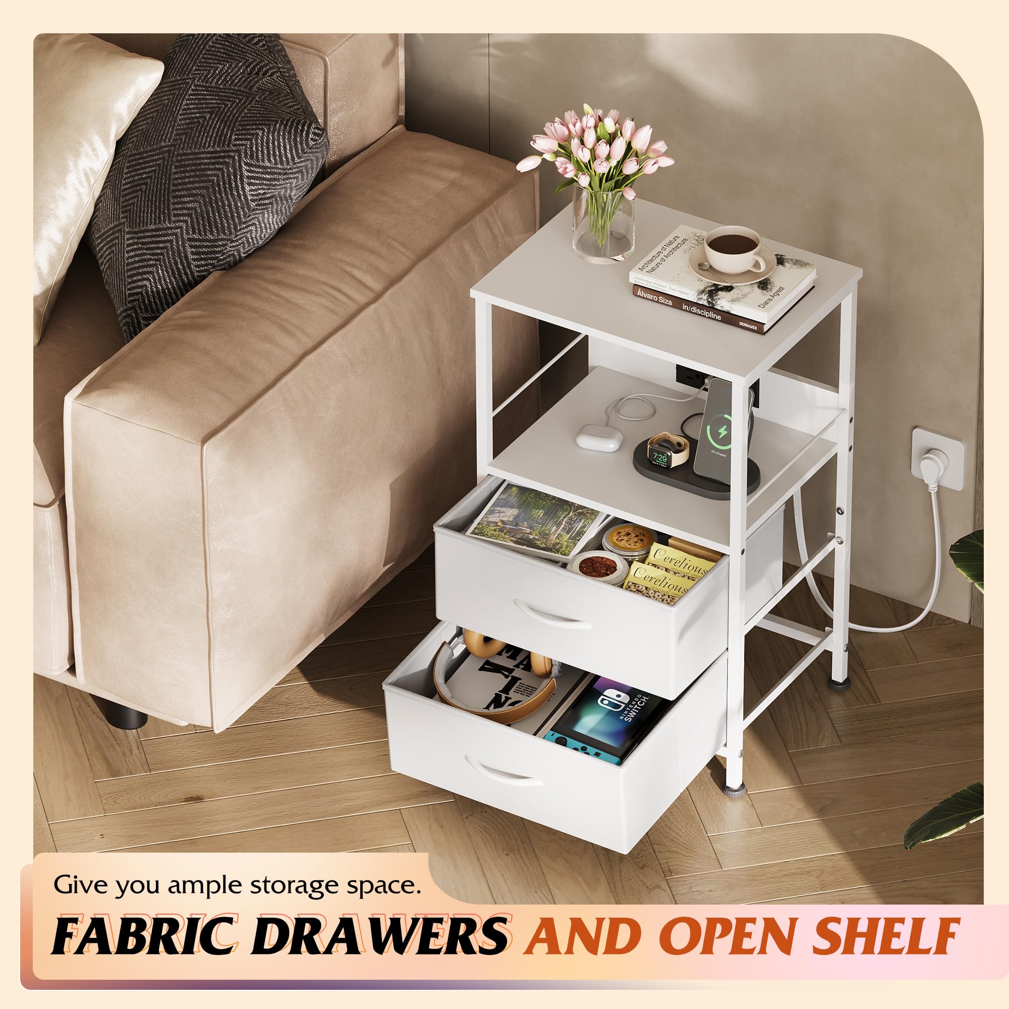 WLIVE White Night Stand with Charger Station - LED Nightstand with 2 Fabric Drawers & Storage Shelf - Bedside Table with 3 USB Ports & 2 Outlets - Small Dresser for Bedroom - Perfect for Charging Devices & Organizing Essentials in Modern Bedrooms