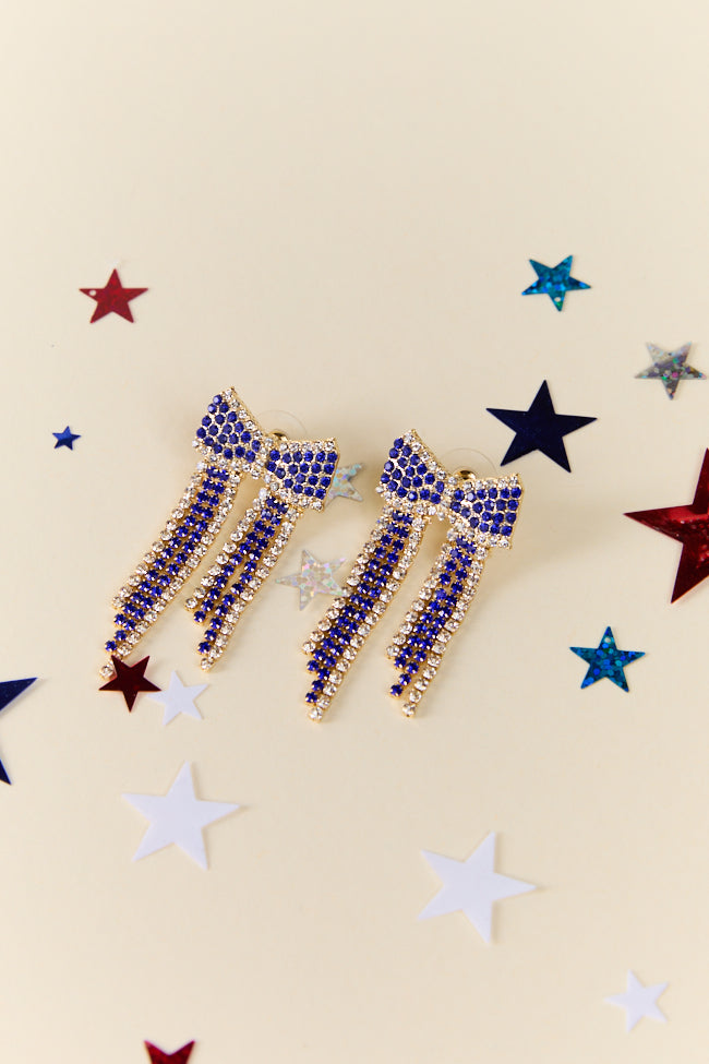Blue Crystal Fringe Bow Earrings for Women - Elegant Dangle Drop Earrings for Party, Wedding & Special Occasions - FINAL SALE