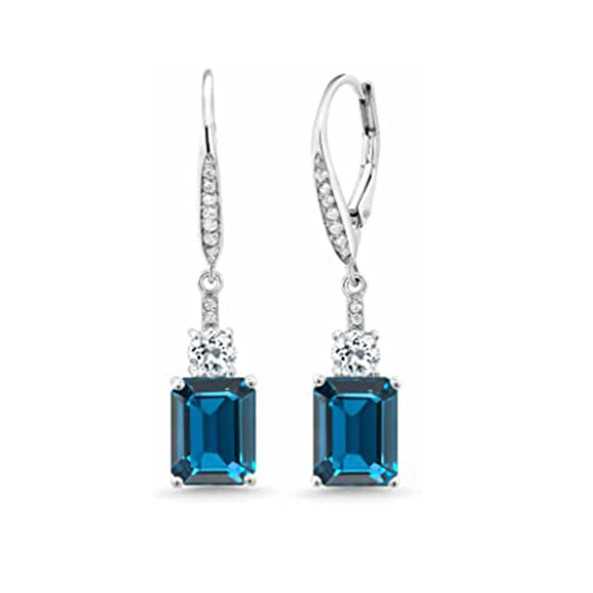 14K White Gold Plated 925 Sterling Silver 2.35 Ct Emerald Cut London Blue Topaz & Diamond Drop Earrings – Elegant Dangle Earrings for Women, Perfect for Weddings, Parties & Special Occasions