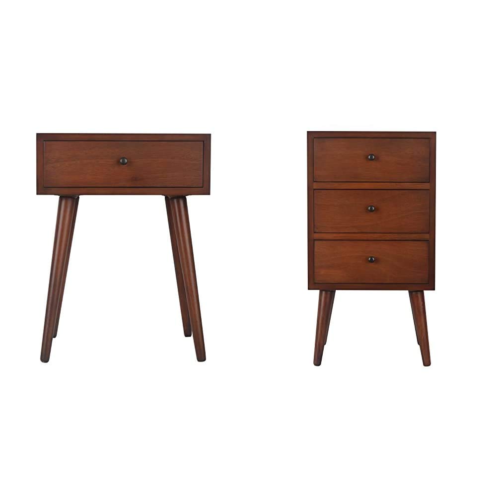 Mid Century Modern One Drawer & Three Drawer Side Tables in Light Walnut Wood - Vintage Home Decor for Living Room, Bedroom, or Office