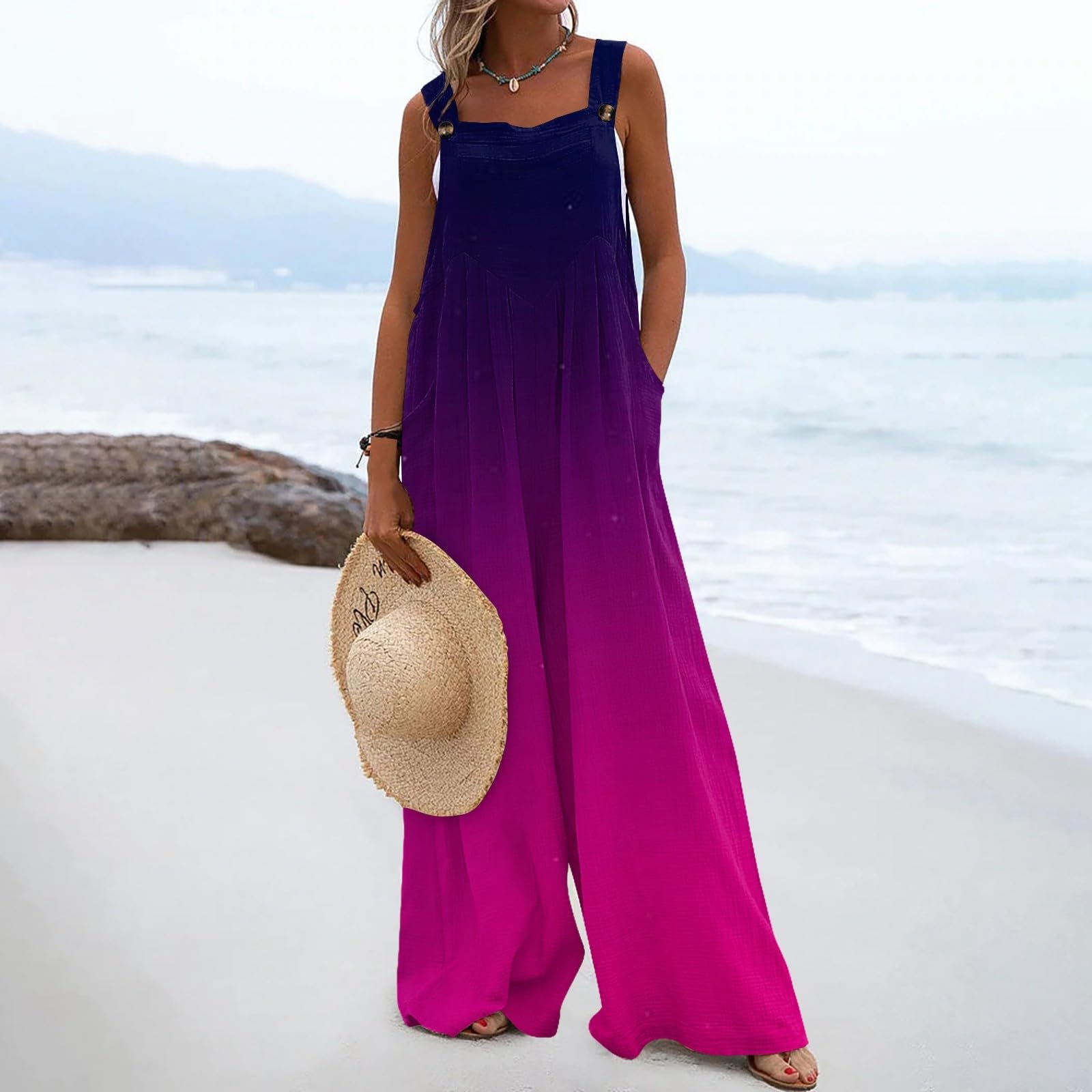 Women's Casual Loose Sleeveless Jumpsuit - Elegant Gradient Wide Leg Romper with Pockets | Summer Outfit, Beach Wear, Street Fashion