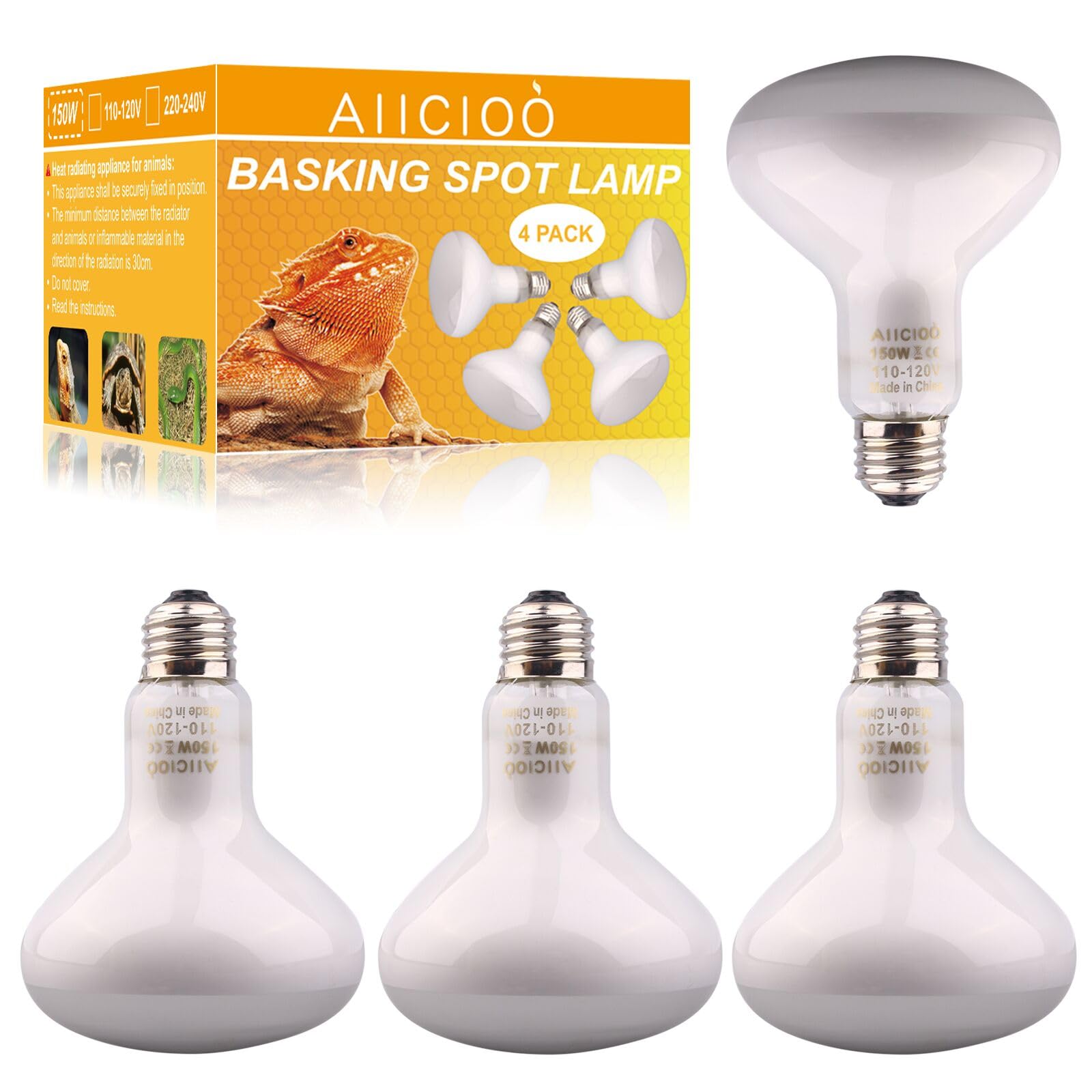Aiicioo 150W Reptile Basking Heat Lamp Bulb - 4 Pack Daylight Bulbs for Bearded Dragons, Lizards, Turtles & Tortoises - Ideal for Terrariums, Vivariums & Reptile Habitats