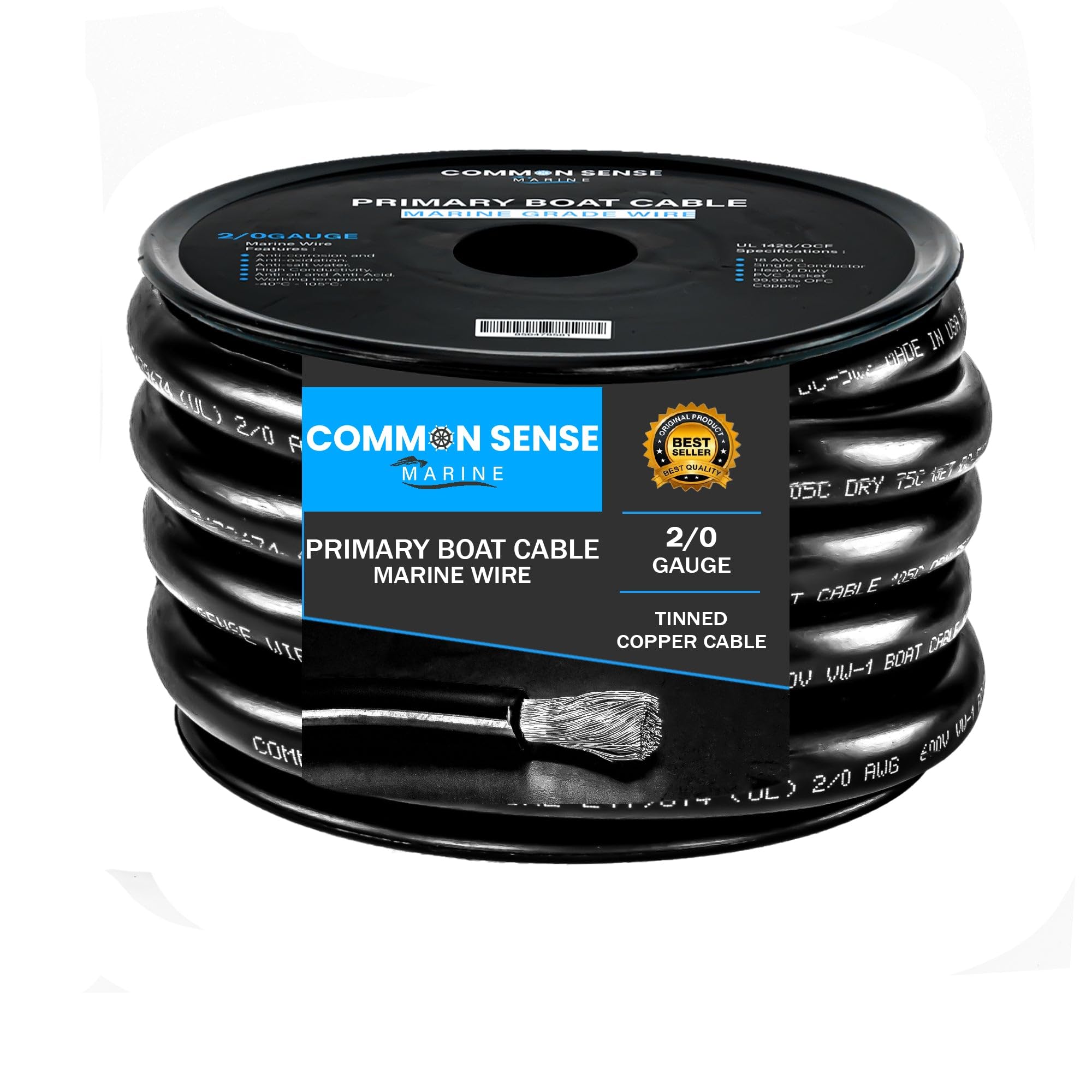 2/0 AWG Marine Grade Tinned Oxygen-Free Copper Boat Cable - 30 ft UL 1426 PVC Wire for Boats, Automotive, Speakers, Campers & Trailers - Perfect for Marine Electrical Systems, RV Wiring, and Audio Installations