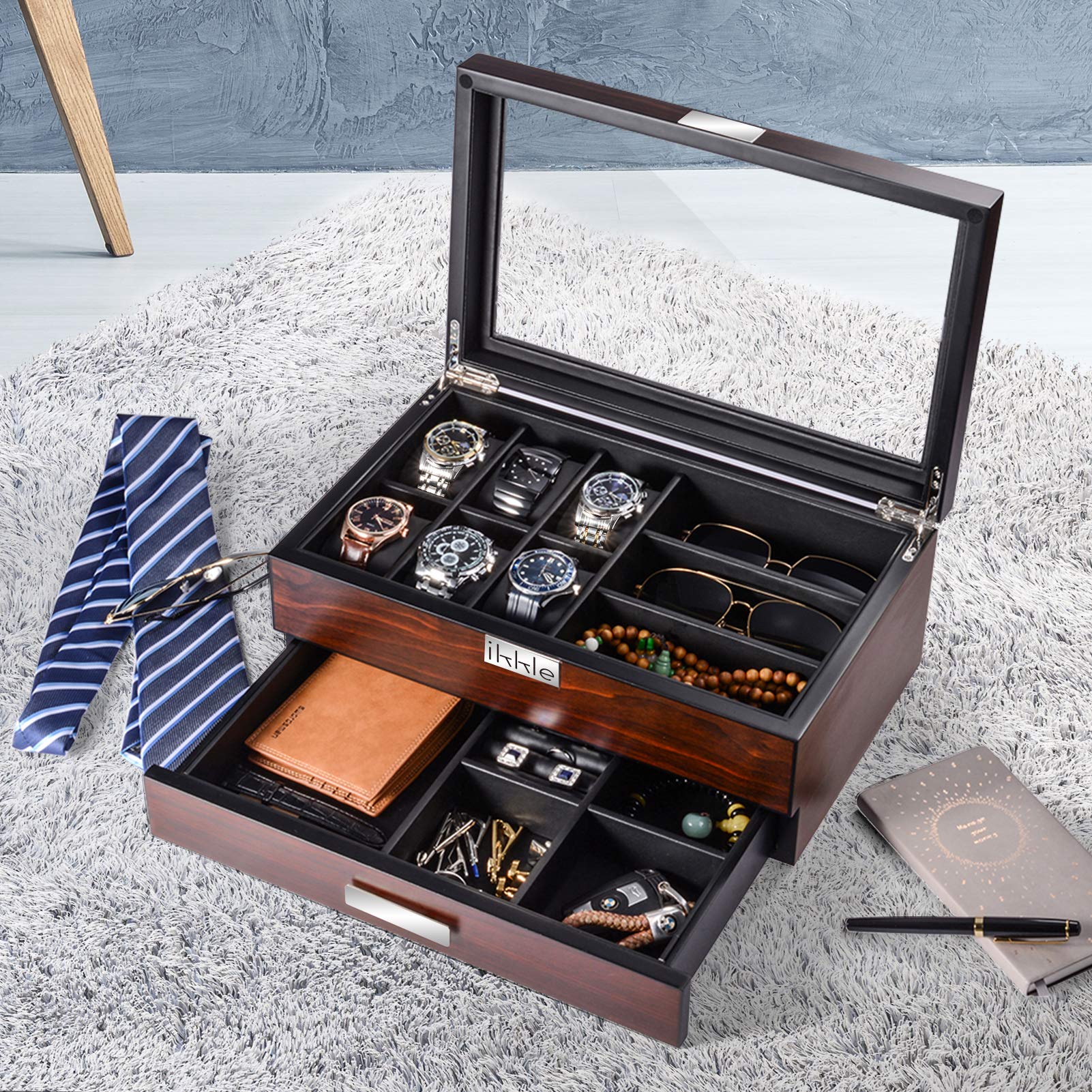 Premium Wooden Watch Box Organizer for Men - Luxury Valet Drawer & Glass Top Display Case - Jewelry Storage Gift for Him - Perfect for Watch Collectors & Fashion Accessories Organization