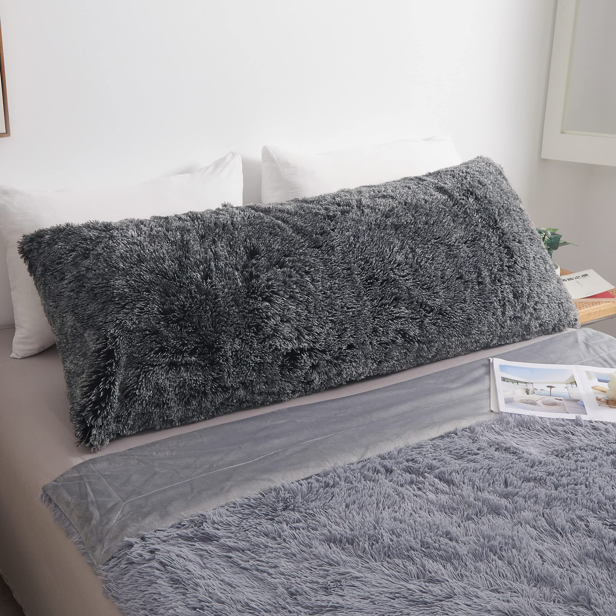 Soft Fluffy Faux Fur Body Pillow Cover - 20x54 Inch Black Ombre Shaggy Pillowcase with Zipper | Cozy Long Rectangular Throw Pillow Cover for Bed, Couch & Boho Decor
