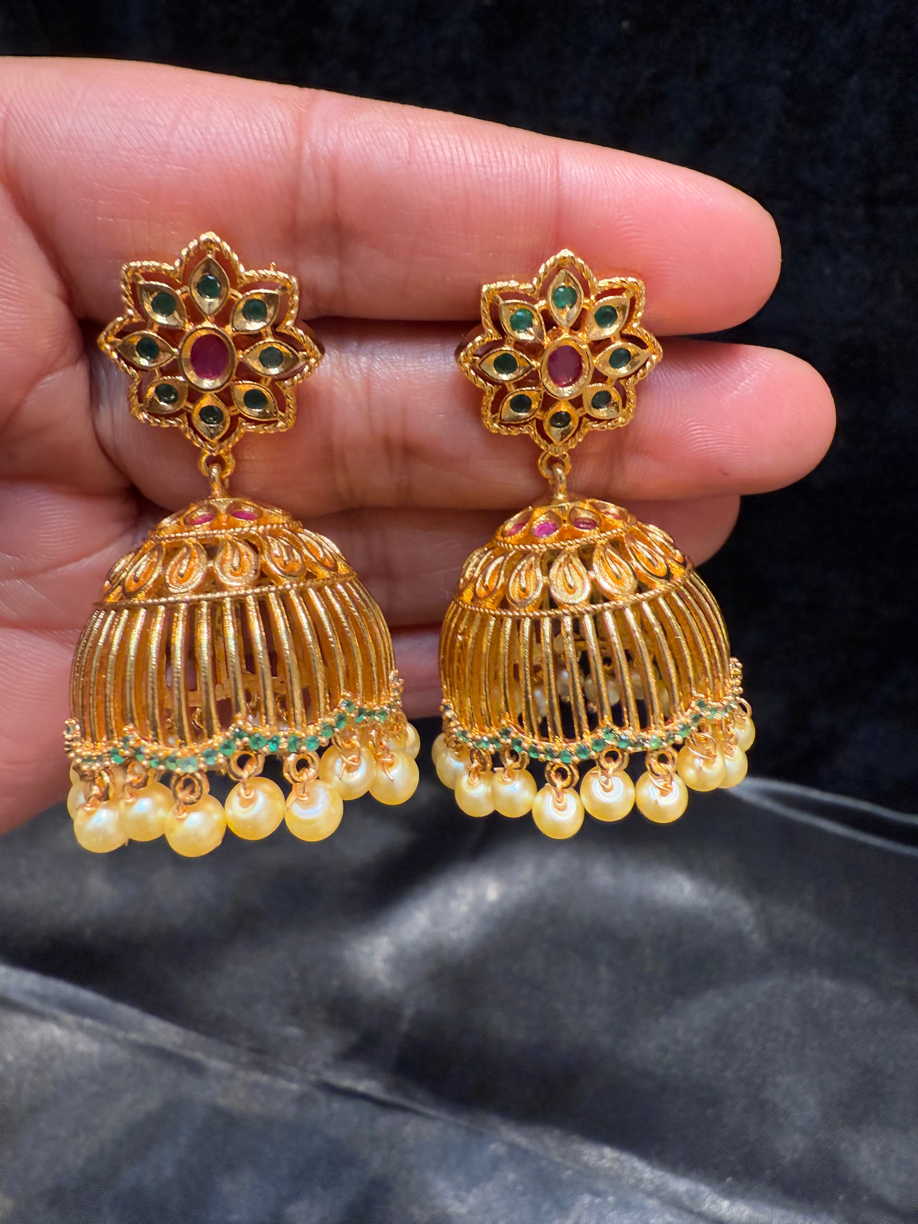 Exquisite Gold Plated Jhumka Earrings with Pink & Green Gemstones and Pearl Drops | Traditional Indian Jewelry for Weddings, Parties & Festive Occasions