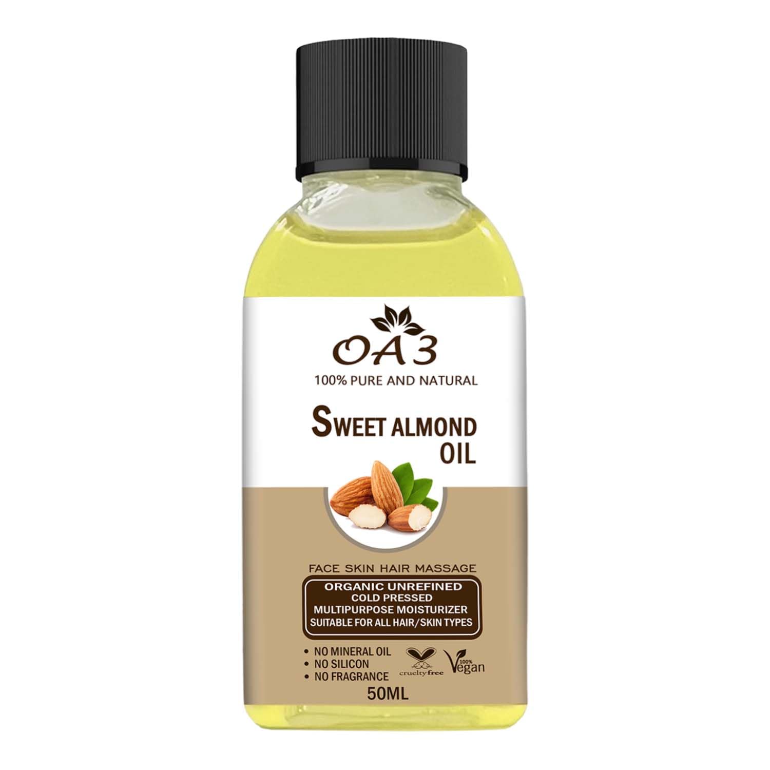 100% Pure Certified Organic Sweet Almond Oil - Cold Pressed, Unrefined, Non-GMO for Hair Growth, Face Moisturizer & Body Massage | Natural Skin Care & Aromatherapy | 50ml Bottle for Daily Beauty Routine