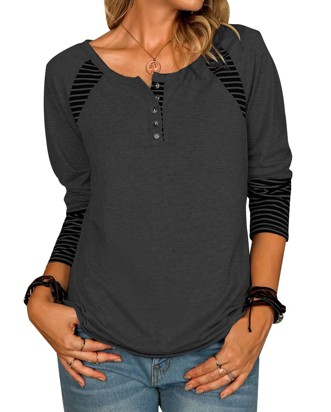 Women's Casual V-Neck Tunic Top - Striped Button Pullover Sweatshirt & Henley Shirt Tee for Work, Weekend & Layering Outfits
