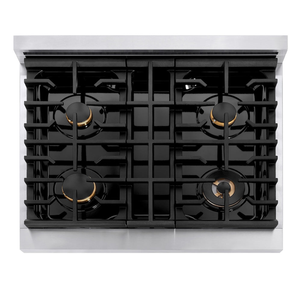 ZLINE Autograph Edition 30-inch 4.2 cu. ft. Stainless Steel Gas Range with 4 Burner Cooktop & Convection Oven - White Matte Door & Polished Gold Accents (SGRZ WM 30 G) | Professional Kitchen Appliance for Home Chefs & Cooking Enthusiasts