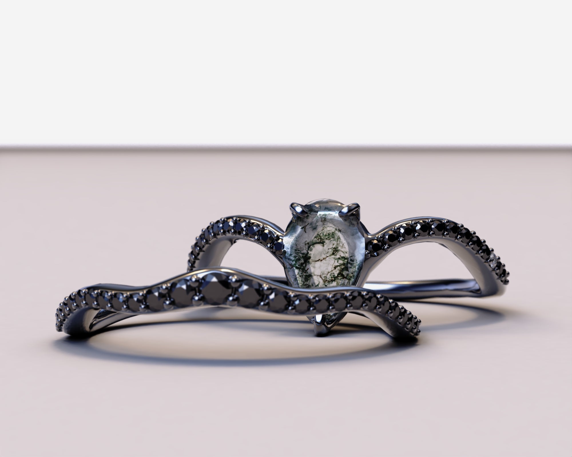 Art Deco Style Moss Agate Teardrop Ring with Black Diamonds - Elegant Vintage Jewelry for Women, Perfect for Weddings, Parties & Special Occasions