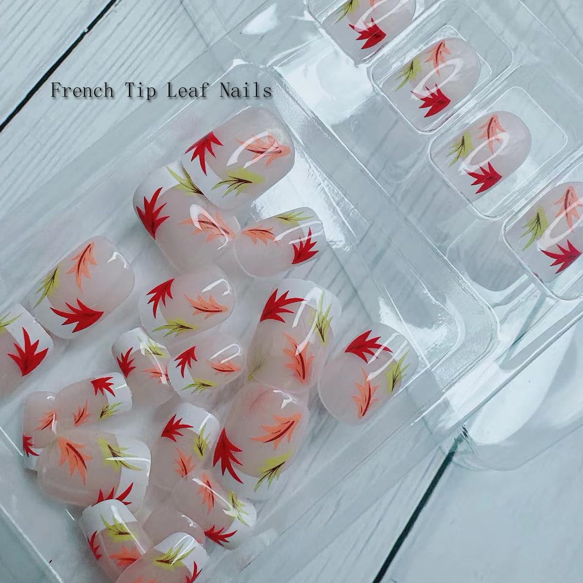 Autumn Maple Leaf Press-On Nails - Glossy Square French Tip Fake Nails with Leaf Design, White Acrylic Stick-On Nails for Women | Fall Winter Manicure, Thanksgiving Party & Holiday Nail Art