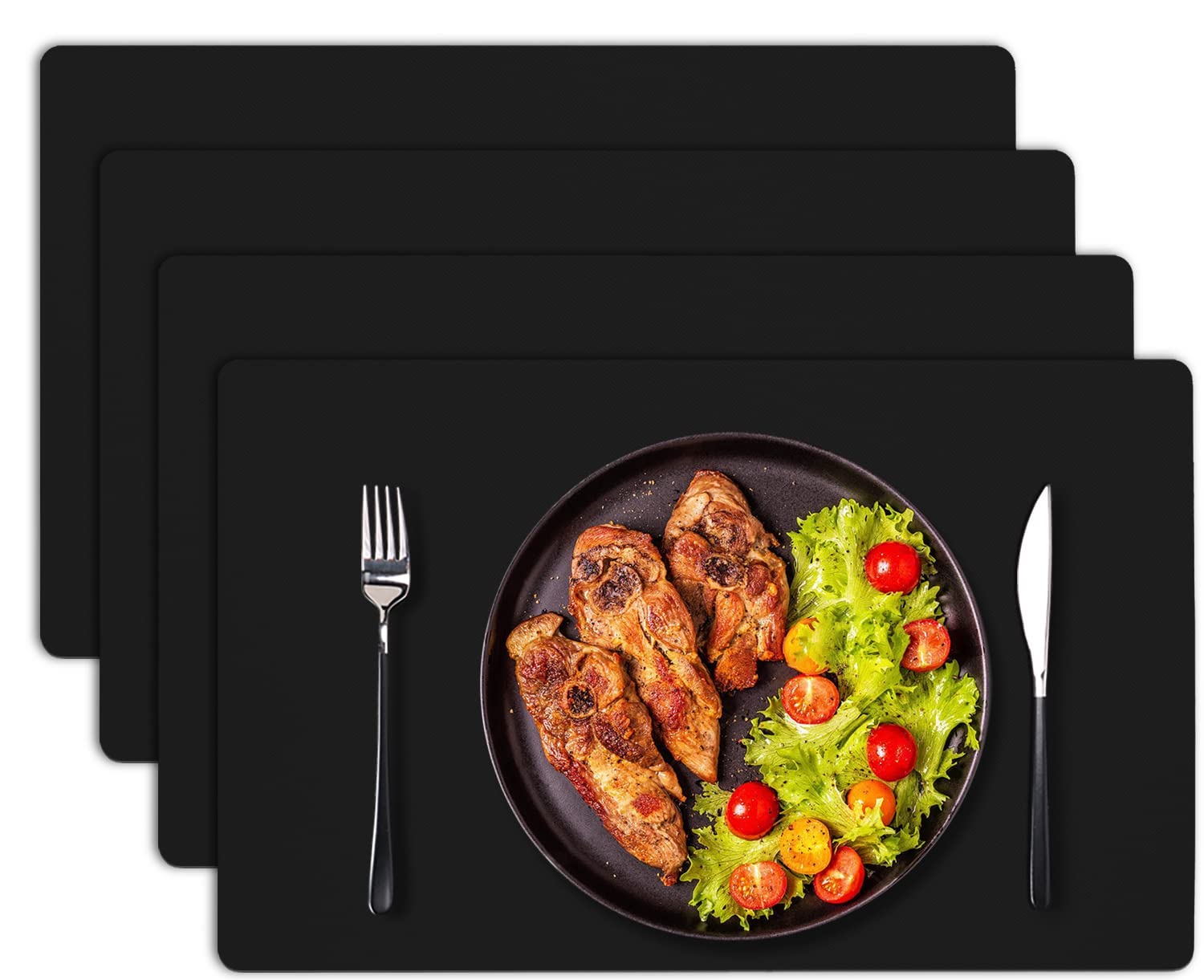 Premium Faux Leather Placemats Set of 4 - Waterproof PU Table Mats with Non-Slip Backing, Double-Sided Farmhouse Style for Dining Table Decor - Perfect for Everyday Use, Dinner Parties, and Holiday Gatherings (Black)