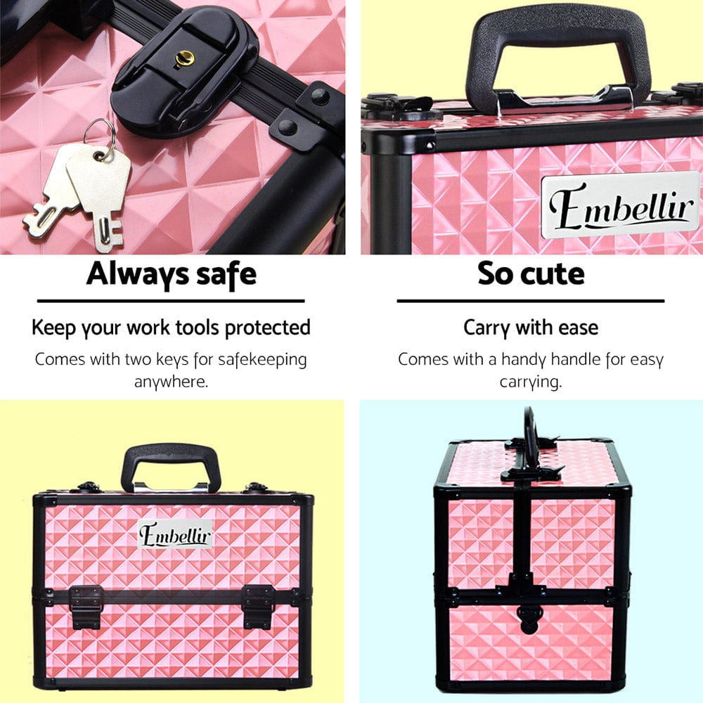 Embellir Portable Cosmetic Beauty Makeup Case - Diamond Pink Travel Organizer for Makeup Brushes & Cosmetics | Perfect for Travel, Home & Salon Use