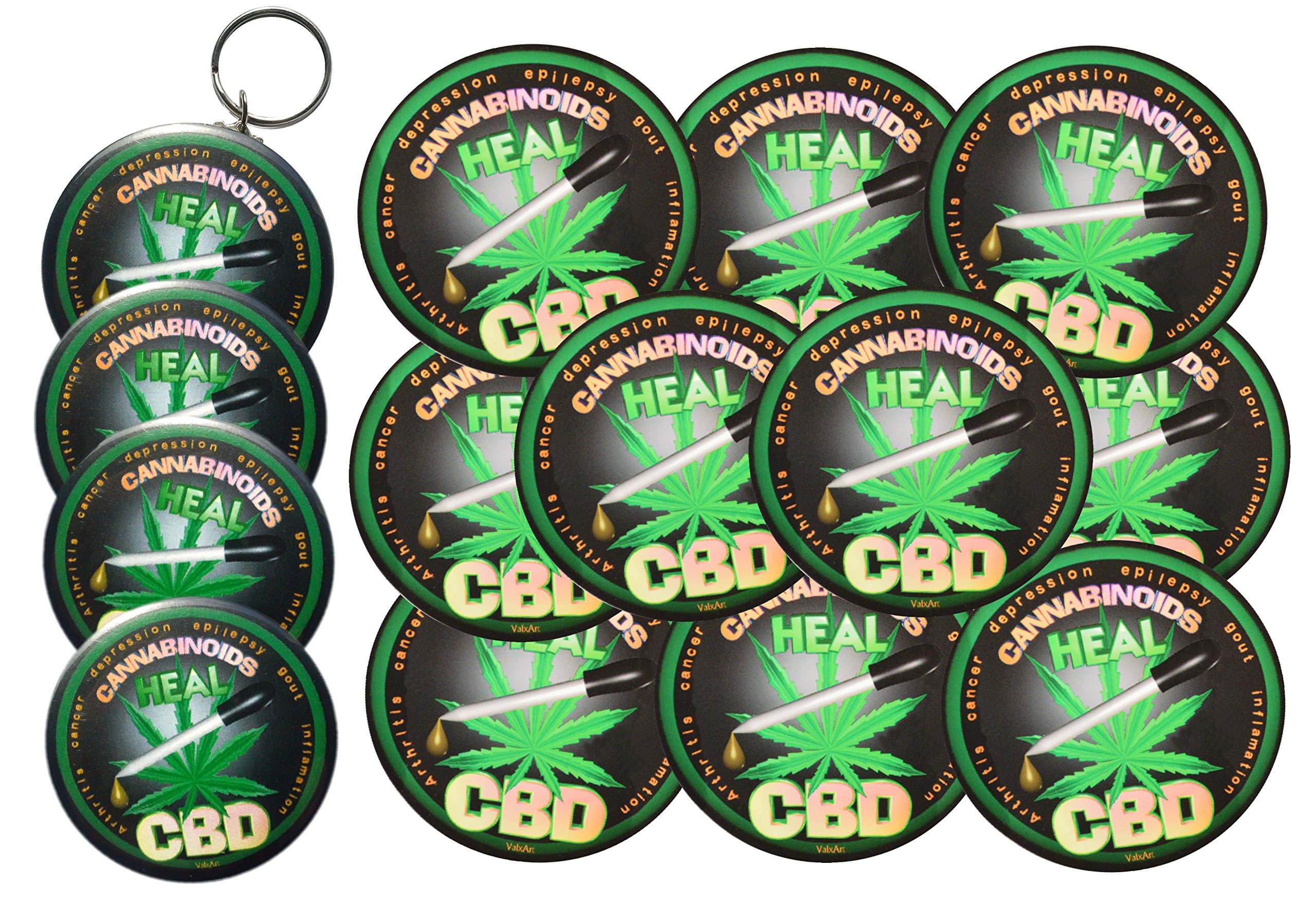 CBD Heals Bundle - 10 Vinyl Stickers, 3 Buttons & 1 Keychain - Perfect for Laptops, Water Bottles & Gift Giving