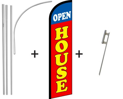 Windless Banner & Pole Kit - Open House (Blue & Red) | Durable Outdoor Advertising for Real Estate, Car Dealerships & Events | Weather-Resistant for Long-Lasting Use