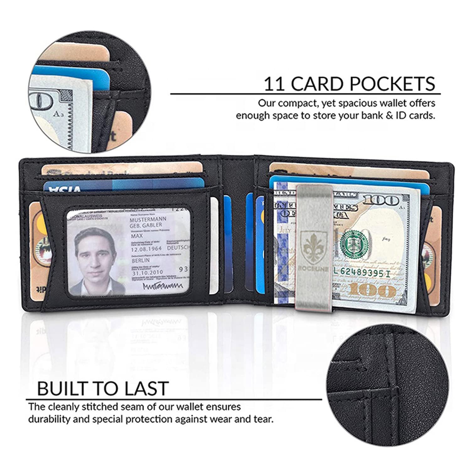 Roceline Minimalist RFID Blocking Slim Leather Wallet for Men - Bifold Front Pocket Credit Card Holder with Money Clip (Gray) - Perfect for Travel, Business & Everyday Use