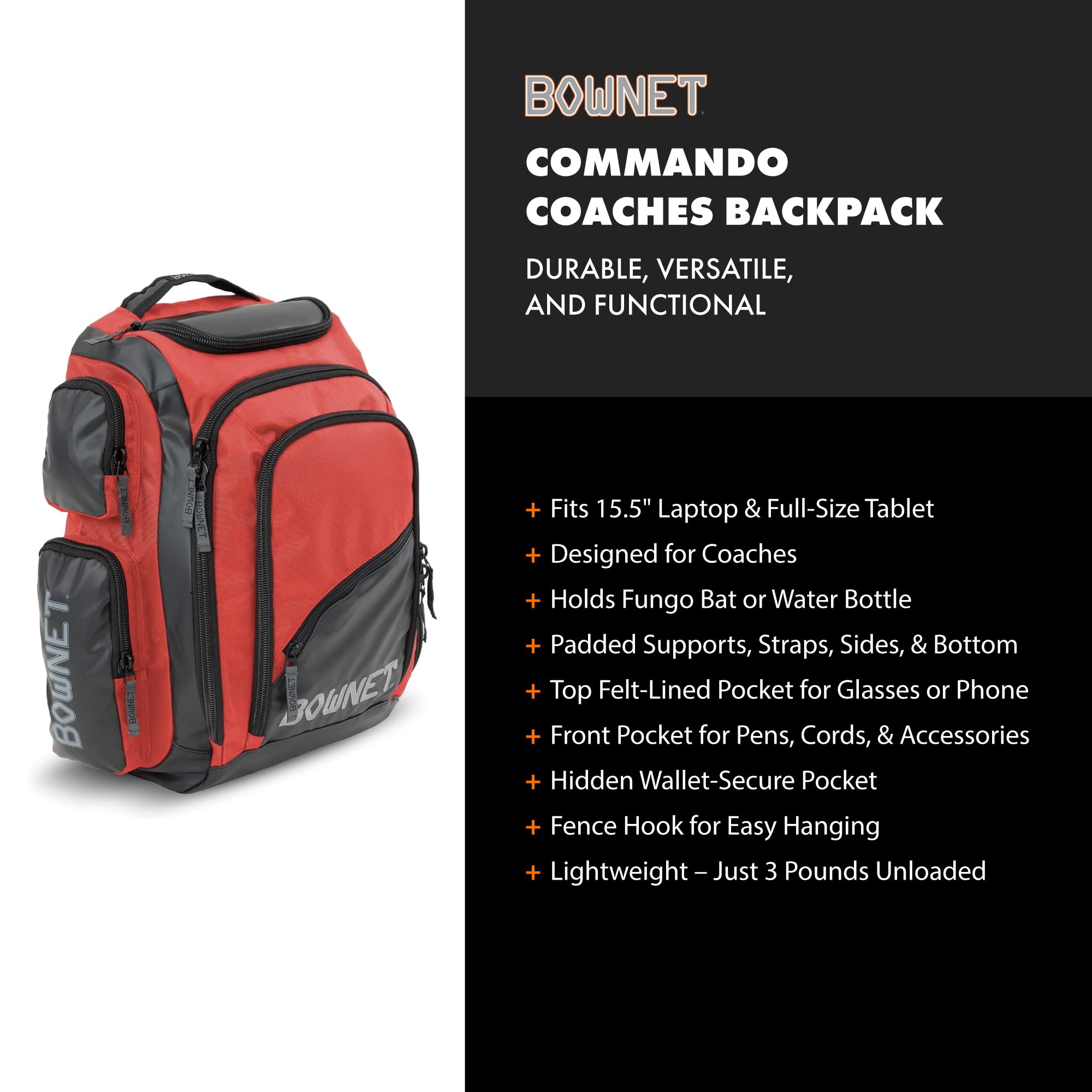 Bownet Commando Coaches Bat Bag - Baseball Backpack with Large Main Compartment for Boys & Girls - Holds 1 Fungo Bat & Water Bottle - Perfect for Youth Baseball Practice, Games & Training Sessions