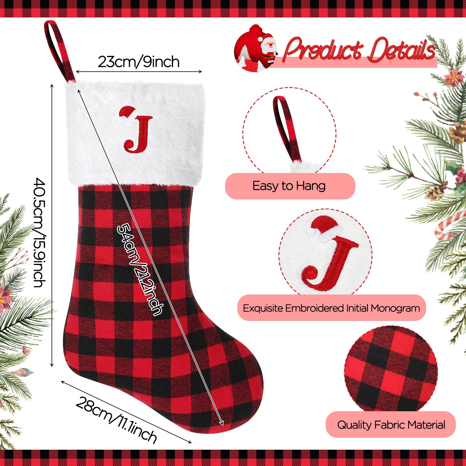 20 Inches Large Personalized Monogram Christmas Stocking - Red Black Buffalo Plaid with Embroidered Letters - Holiday Fireplace Decor for Xmas - Perfect for Family Gifts, Mantel Decoration & Festive Home Decor (Initial J)