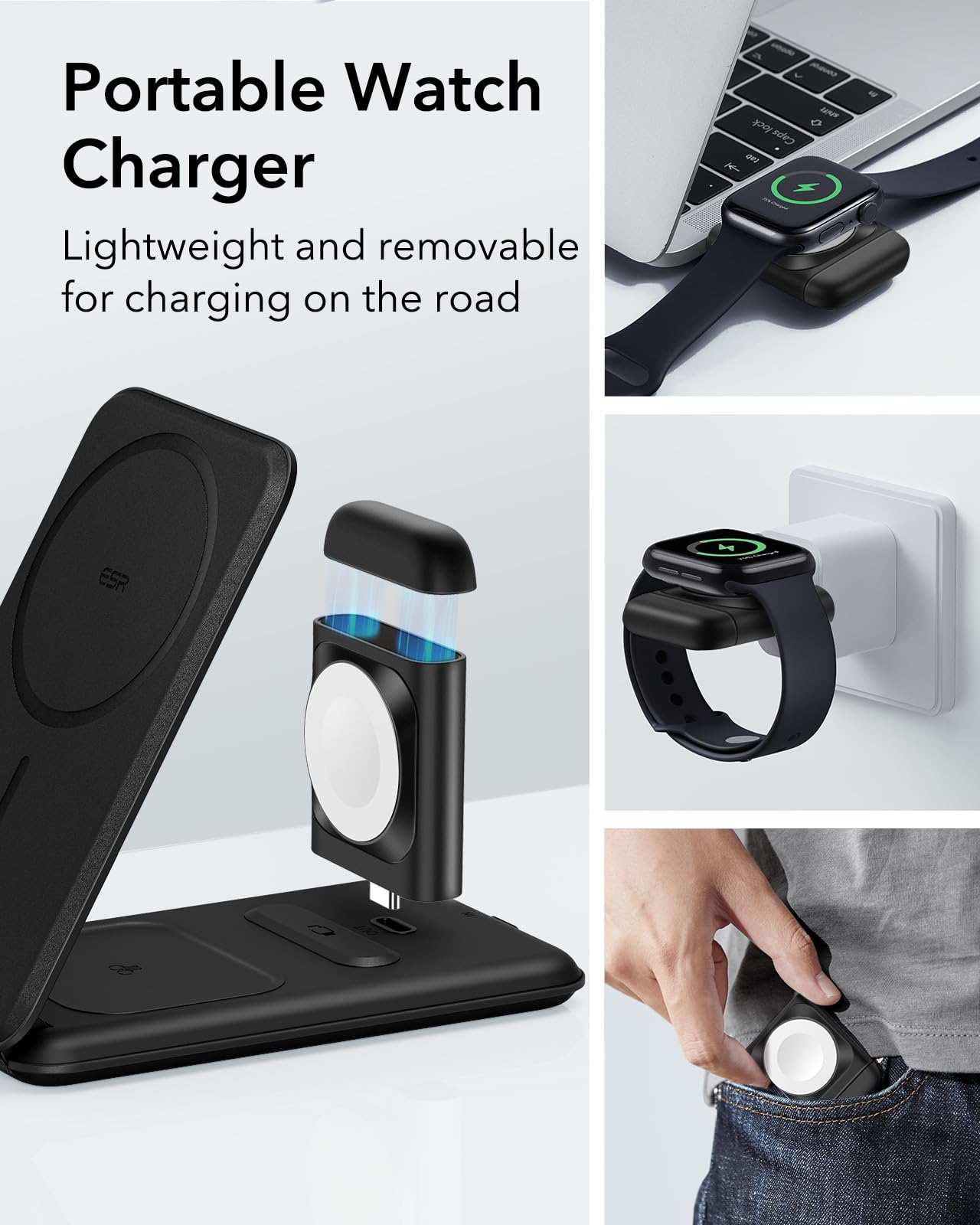 ESR 3-in-1 Foldable Magnetic Wireless Charging Station - MFi Certified MagSafe Charger for iPhone 16/15/14/13/12 Series, Apple Watch & AirPods Pro/4/3 - Portable Travel Charger for Home, Office & Car (Black)