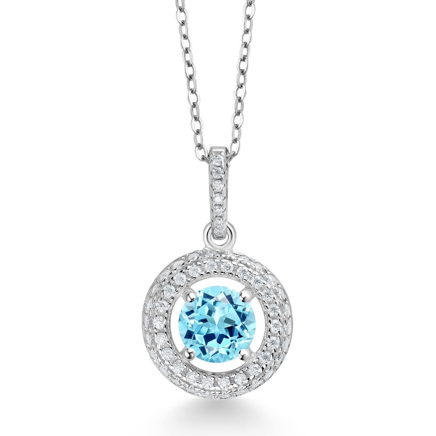 Gem Stone King 925 Sterling Silver 6MM Round Gemstone Birthstone & White Moissanite Pendant Necklace for Women | 18 Inch Chain | Elegant Halo Design | Perfect Gift for Birthday, Anniversary & Special Occasions