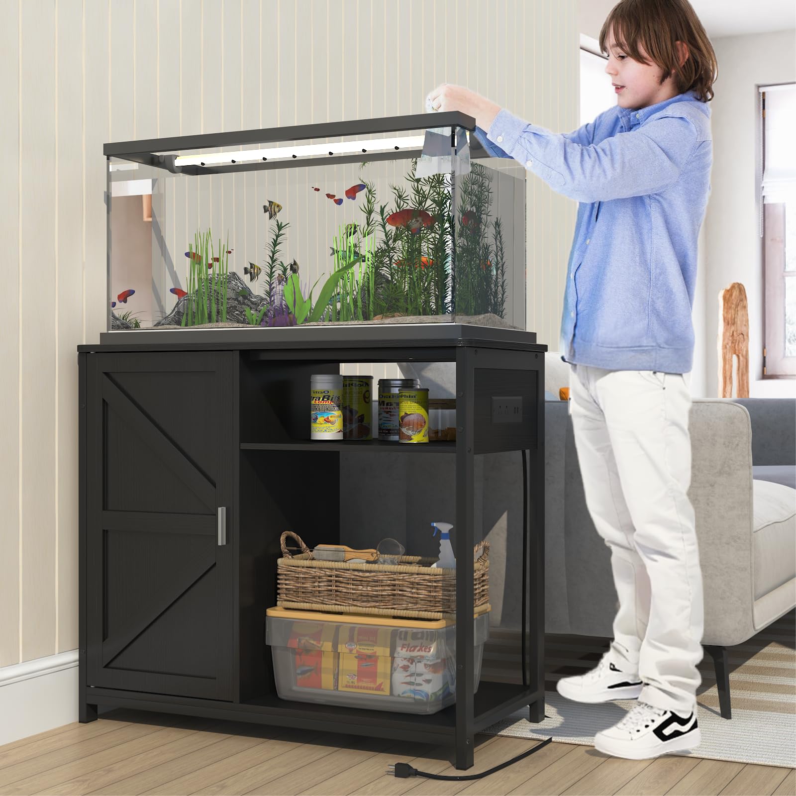 40-50 Gallon Aquarium Stand with Power Outlets & Wooden Storage Cabinet - Heavy Duty Metal Fish Tank Stand for Turtle Tanks, Reptile Terrariums - 440LBS Capacity - Perfect for Home, Office & Pet Store Displays