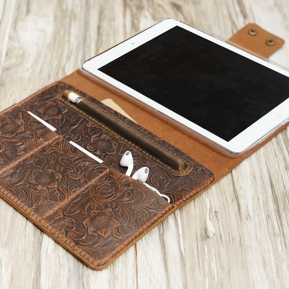 Custom Leather iPad Case for iPad Mini 6/5, iPad 10.2/10.5/9.7, iPad Pro 12.9 - Handmade Portfolio Cover with Apple Pencil Holder (Tooled Brown) - Perfect for Work, Travel & Business Meetings