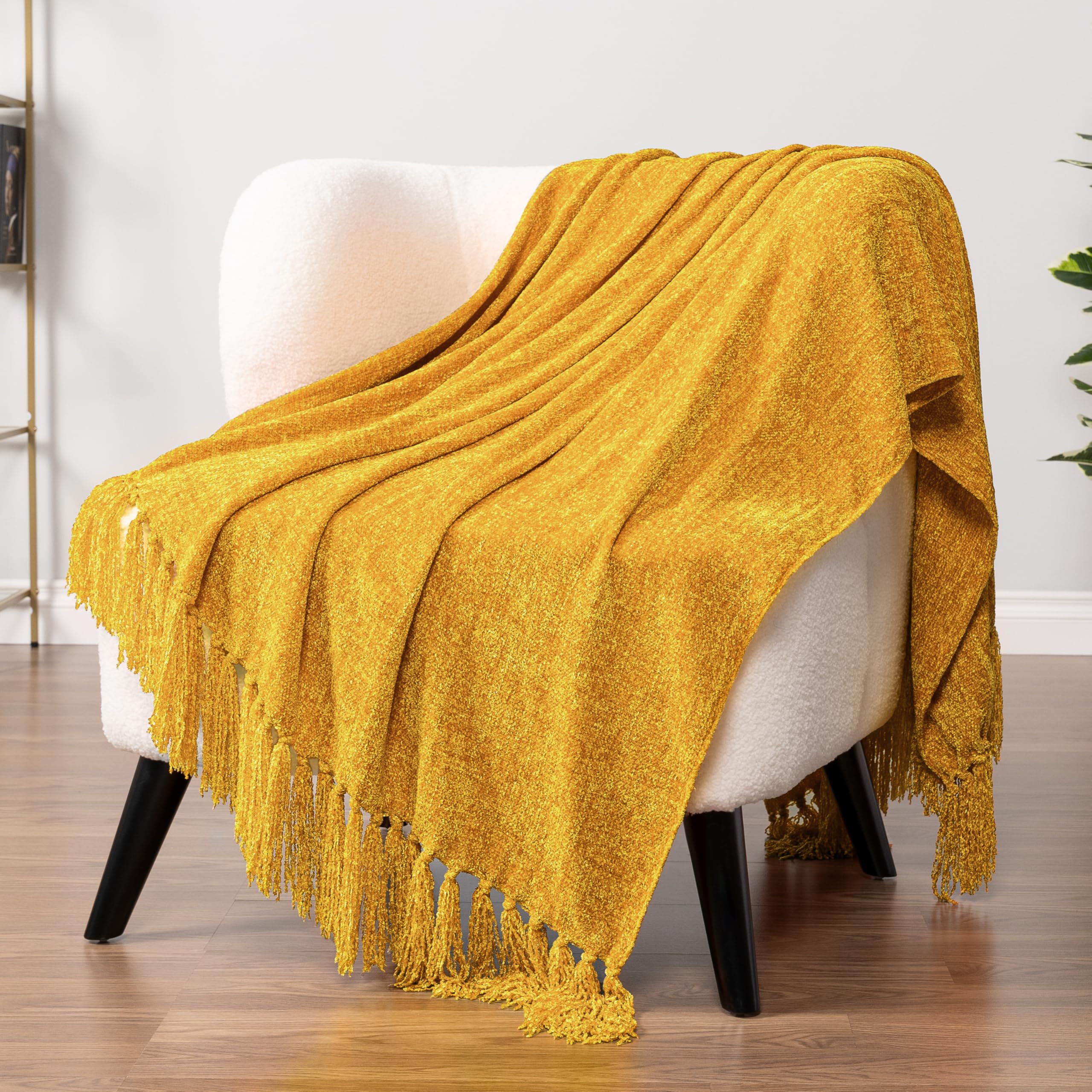 Pavilia Mustard Yellow Knit Throw Blanket - Soft Woven Blanket with Tassels for Couch, Sofa Bed & Chair - 50x60 Inches - Perfect for Living Room Decor, Cozy Nights & Gift Giving