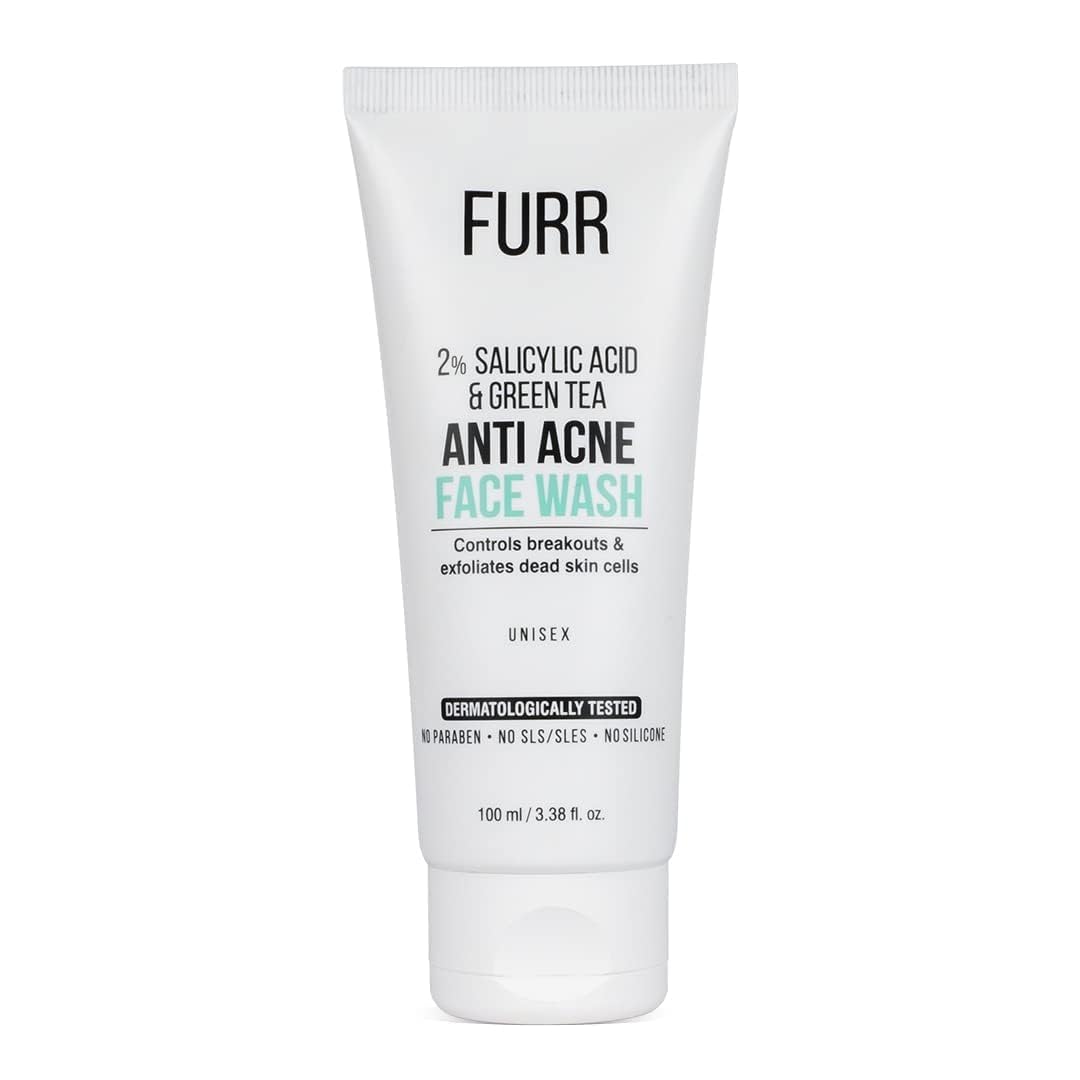 FURR Anti Acne Face Wash for Men & Women with 2% Salicylic Acid & Green Tea - 100ml | Reduces Redness & Controls Breakouts | Exfoliates Dead Skin Cells | Paraben-Free | Perfect for Daily Skincare Routine & Acne-Prone Skin