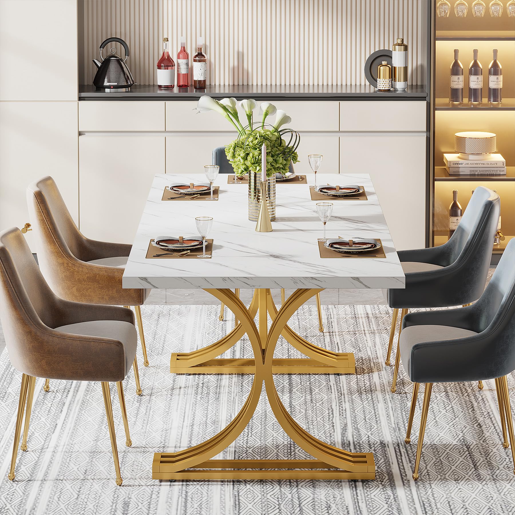 Tribesigns 63-Inch Modern Rectangular Dining Table for 4-6 People - White Faux Marble Top with Gold Metal Legs - Kitchen & Dining Room Furniture for Family Gatherings, Dinner Parties & Home Decor