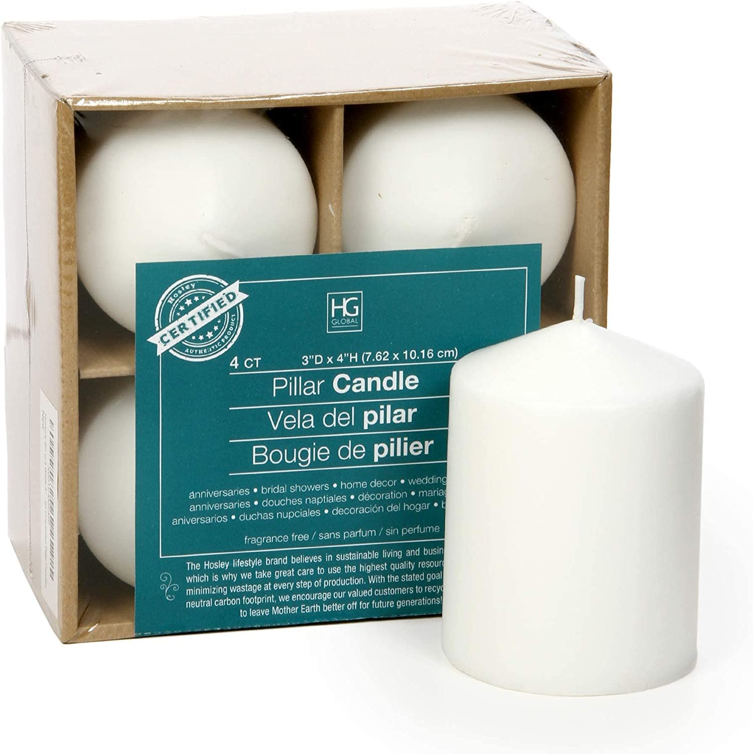 Hosley 4 Inch White Unscented Pillar Candles - Set of 4 for Wedding Decor, Emergency Lighting, Spa Relaxation, Aromatherapy, Party Centerpieces & Reiki Healing - Perfect for Home Decor, Romantic Dinners & Candlelit Gardens