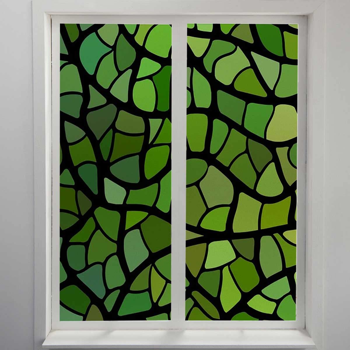 Stained Glass Window Cling - Green Retro Mosaic Privacy Film for Home | 3D Translucent Decorative Window Sticker for Bathroom, Bedroom & Office