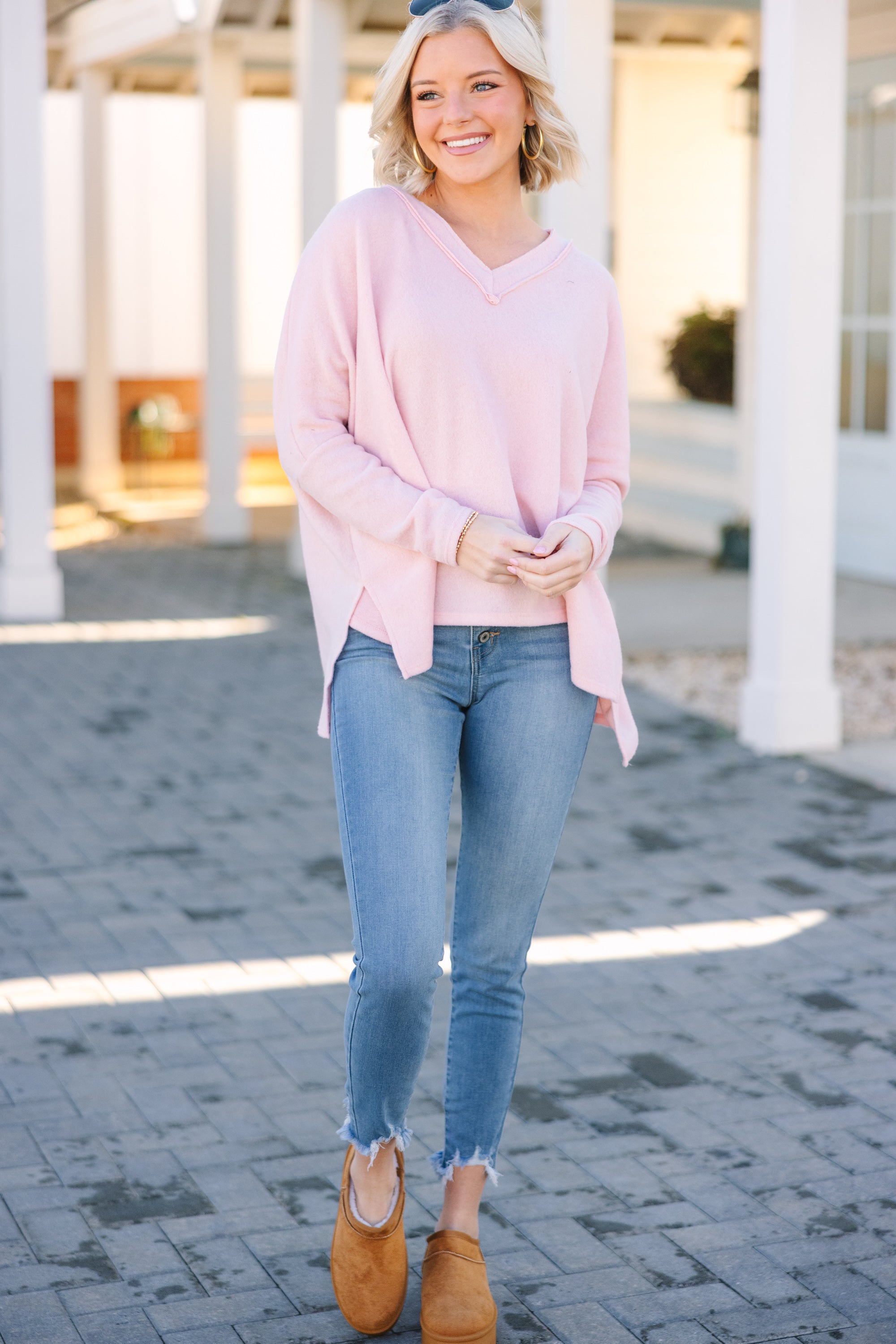 Blush Pink Brushed Knit Top for Women - Soft Comfortable Long Sleeve T-Shirt - Perfect for Casual Wear, Layering & Fall Outfits