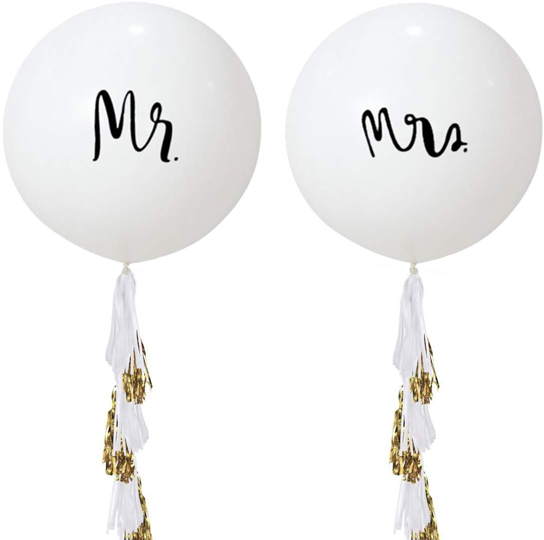 36 Inch Giant Wedding Balloons Mr. & Mrs. White - Large Anniversary Party Decorations with 2 Paper Tassel Garlands - Perfect for Engagement, Bachelorette, Bridal Shower & Outdoor/Indoor Wedding Decor