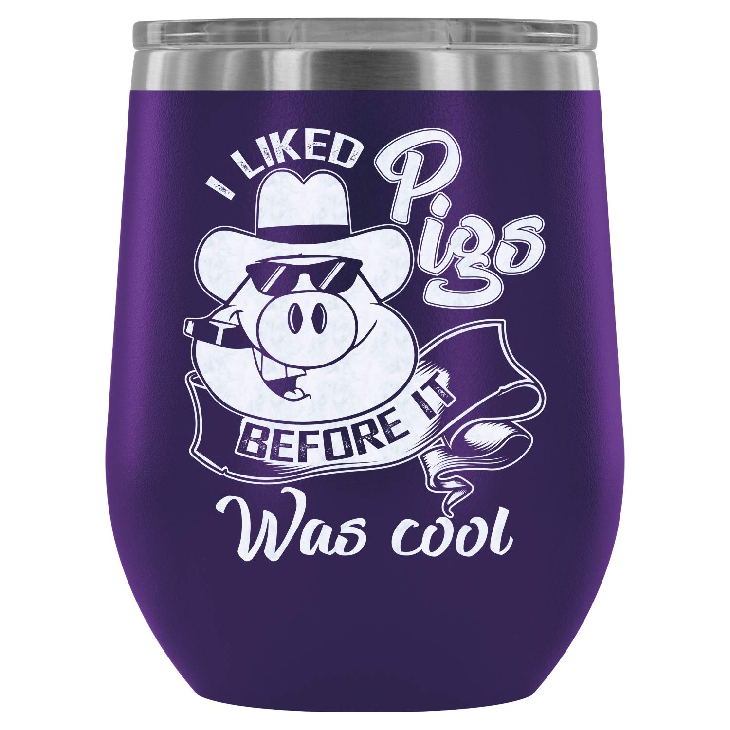 Stainless Steel Vacuum Insulated Stemless Wine Tumbler - 12oz Insulated Wine Glass with Cool Pig Design, Perfect for Outdoor Picnics, Parties & Home Entertaining (Purple)