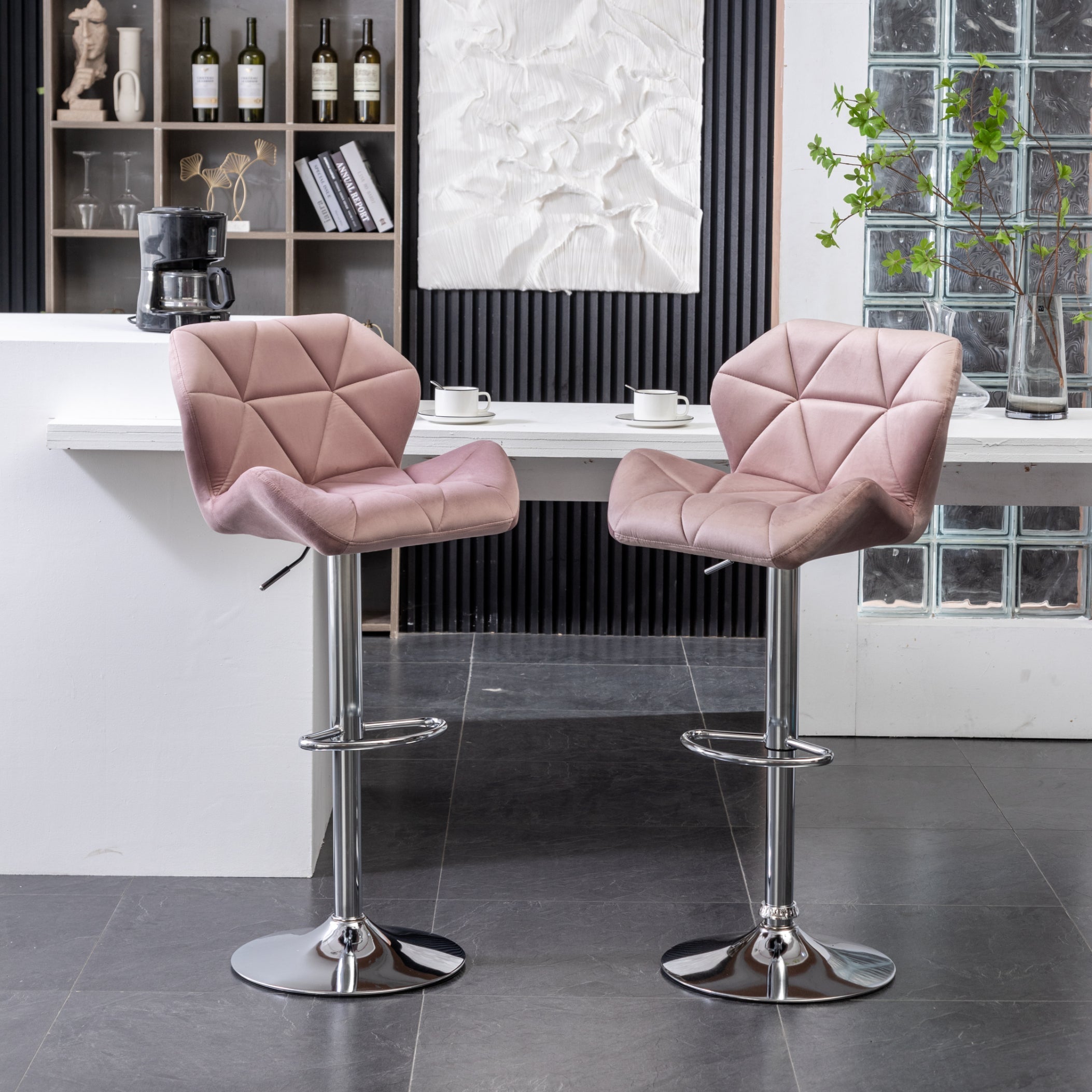 Roundhill Furniture Breni Velvet Diamond Tufted Swivel Adjustable Height Bar Stool - Set of 2, Mauve Velvet Upholstery, Counter Height Stool for Kitchen Island, Bar, or Breakfast Nook