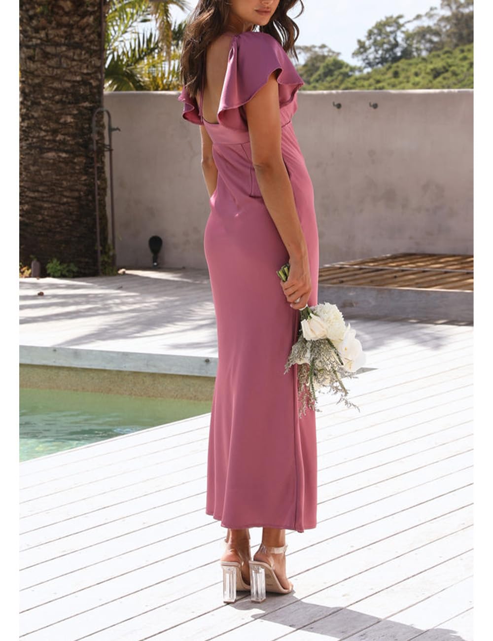 Elegant Summer Satin Flutter Sleeve Wedding Guest Dress for Women - Sweetheart Neckline, Cutout Back, Midi Cocktail Dress | Perfect for Garden Parties, Bridal Showers & Formal Events