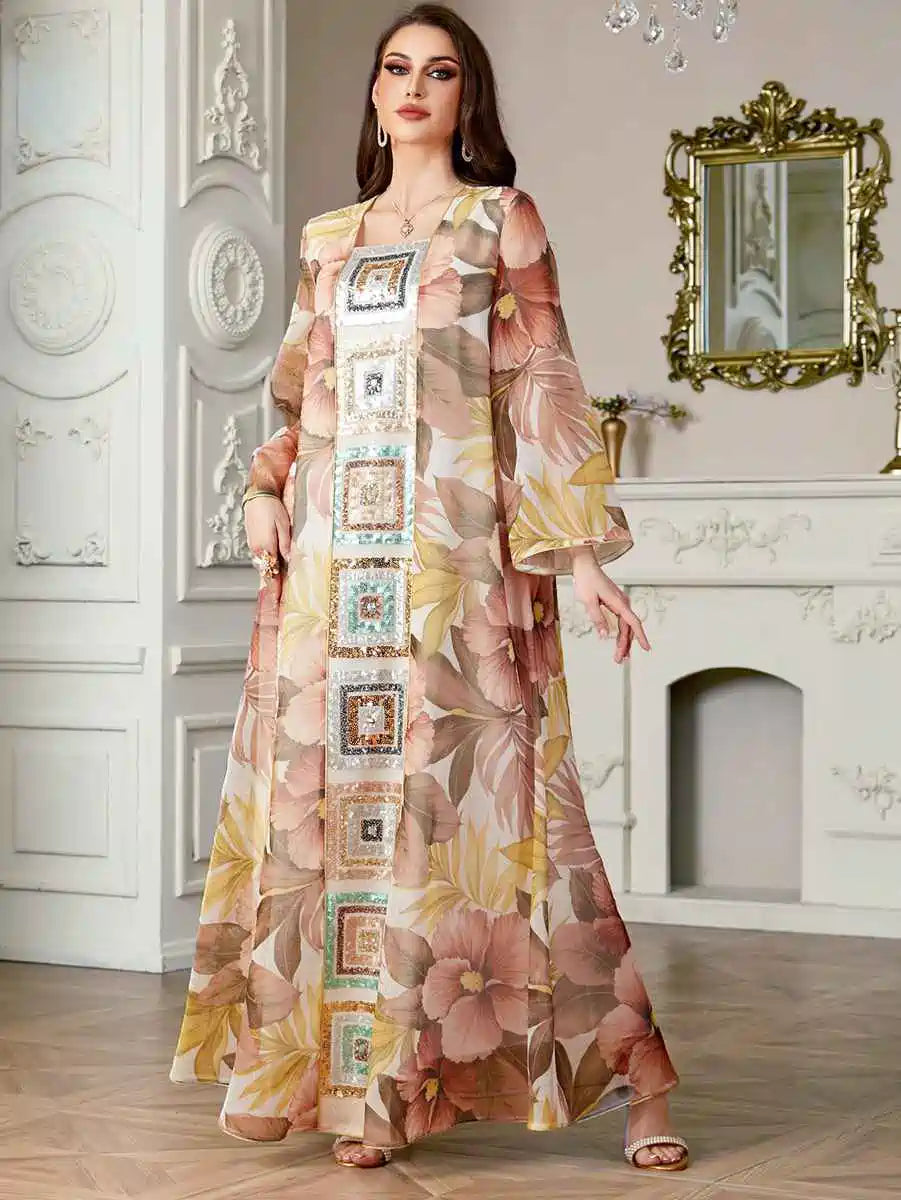 Elegant Eid Sequins Printed Caftan Kaftan Dress for Women - Party Wear, Evening Gown, Special Occasion Outfit #254185