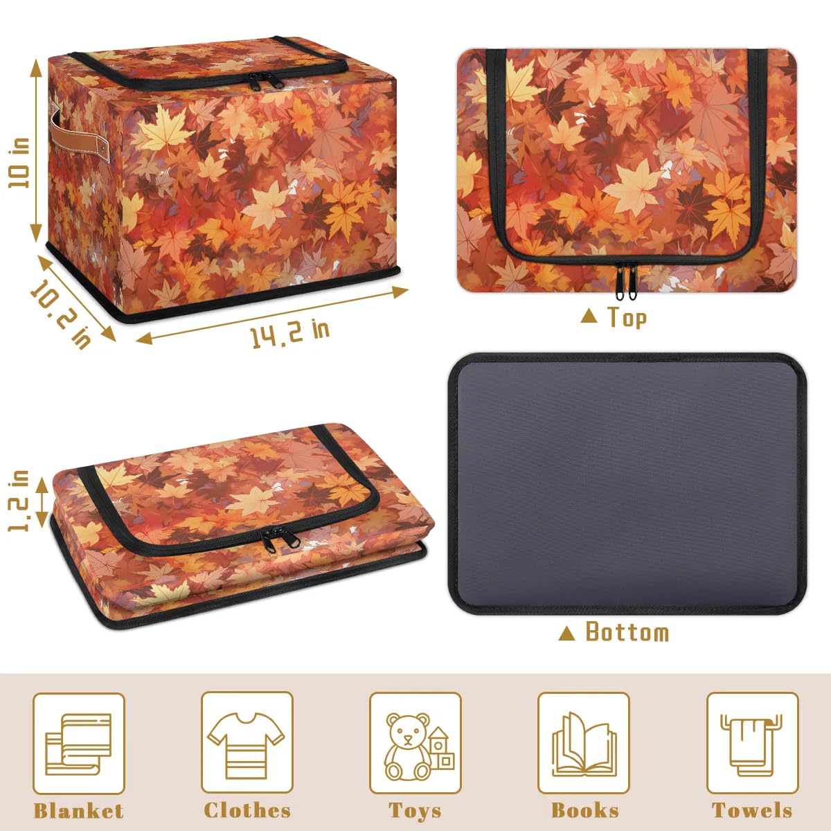 Collapsible Storage Bins with Lids - Maple Fall Leaves Pattern Stackable Fabric Storage Cubes - Dustproof Closet Organizer for Clothes, Toys, Blankets & Home Organization - Perfect for Bedroom, Nursery & Seasonal Storage