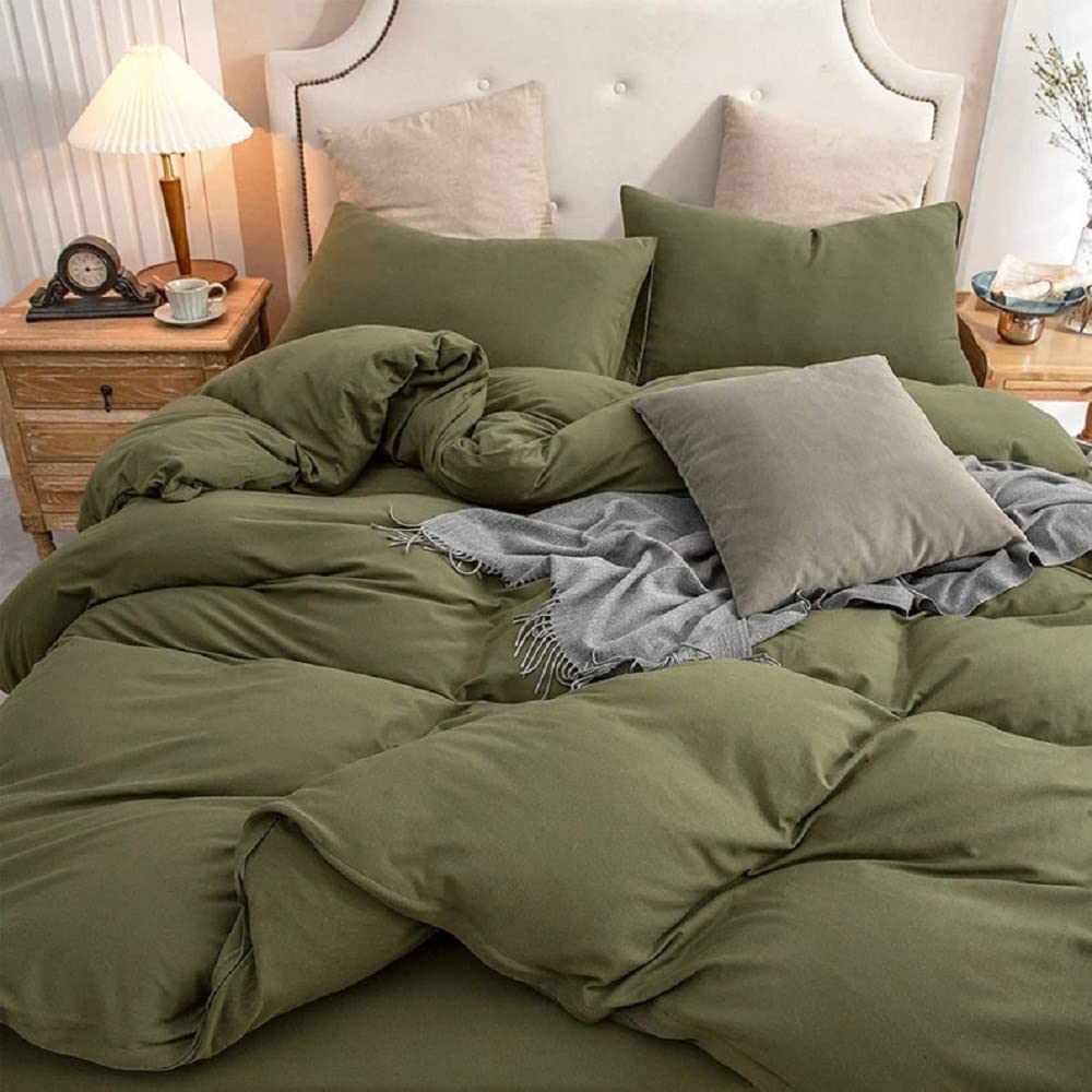 Olive Green Washed Cotton Duvet Cover Set - Queen, King, Full, Twin, California King Sizes - Soft & Breathable Bedding for Cozy Home Decor | Perfect for Guest Rooms, Master Bedrooms & Vacation Homes