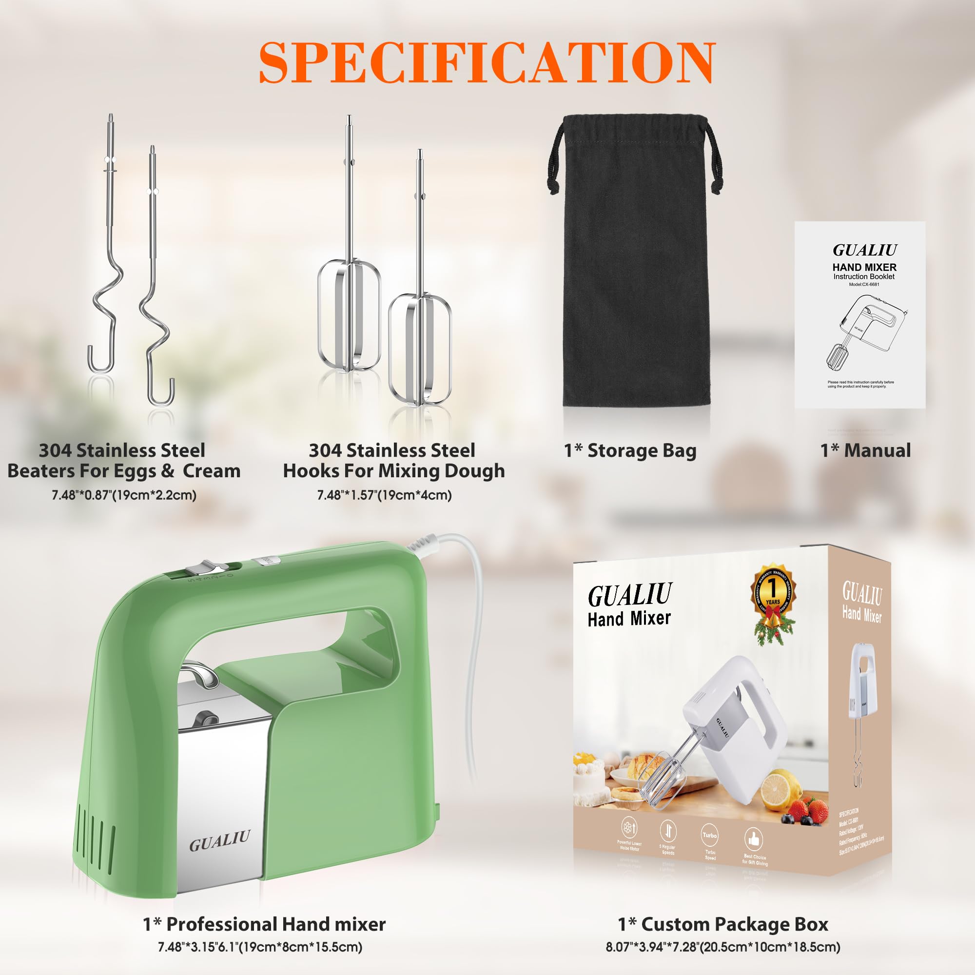 450W Electric Hand Mixer - 5-Speed Stand Mixer with 304 Stainless Steel Beaters & Dough Hooks | Includes Storage Bag | Powerful Kitchen Blender for Baking Cakes, Cookies, Dough & Whipping Cream | Perfect for Home Bakers & Cooking Enthusiasts