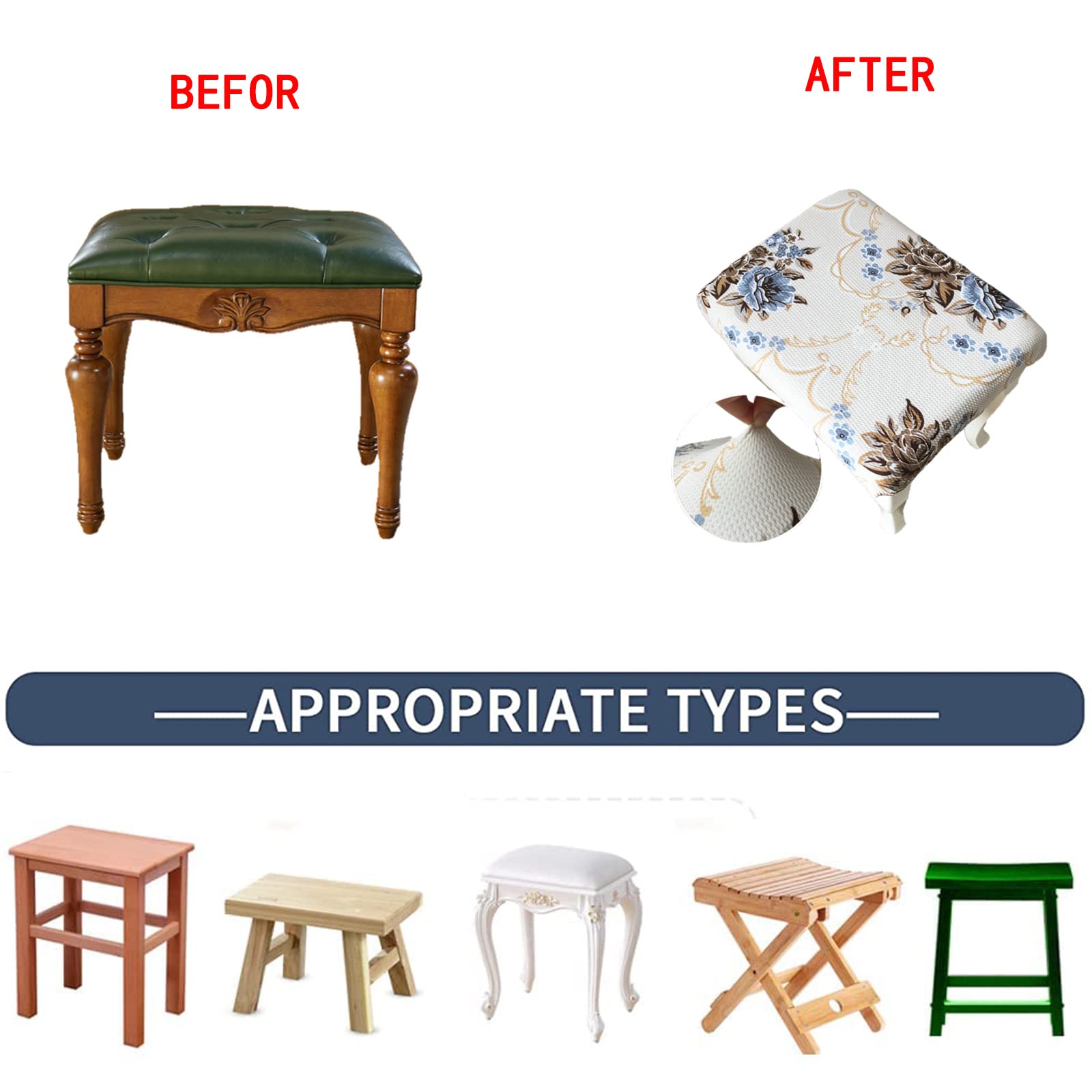 Elastic Rectangle Bar Stool Covers - Vanity Stool Covers Square, Foot Stool Seat Cushion Covers for Dressing Chair & Counter Stools - Washable Stretchable Saddle Seat Covers for Home, Kitchen, Bar & Salon Use