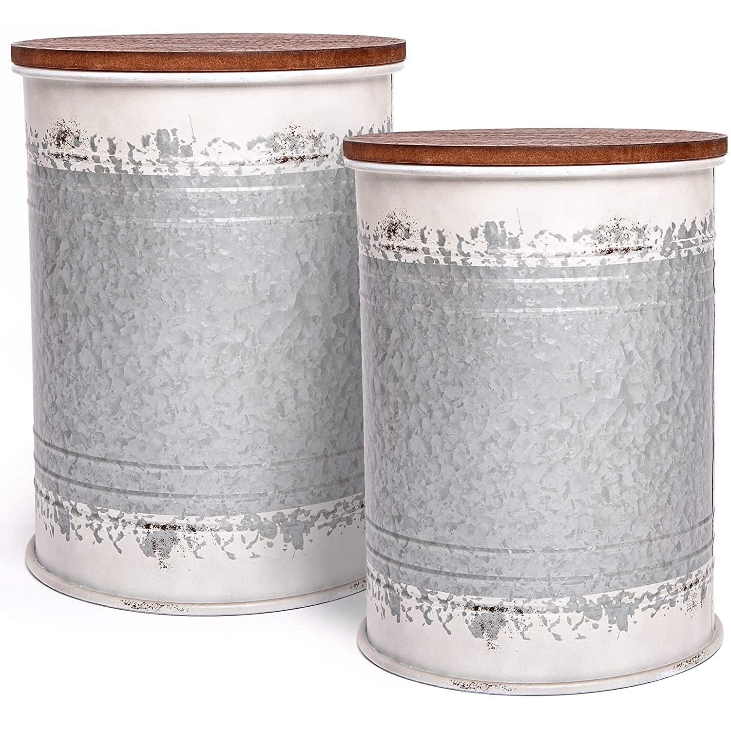 Hallops Farmhouse Accent Side Table - Rustic Metal Coffee Table with Wooden Top | Storage Ottoman Bench for Living Room, Bedroom & Porch | Set of 2 Distressed White Farmhouse Decor Furniture