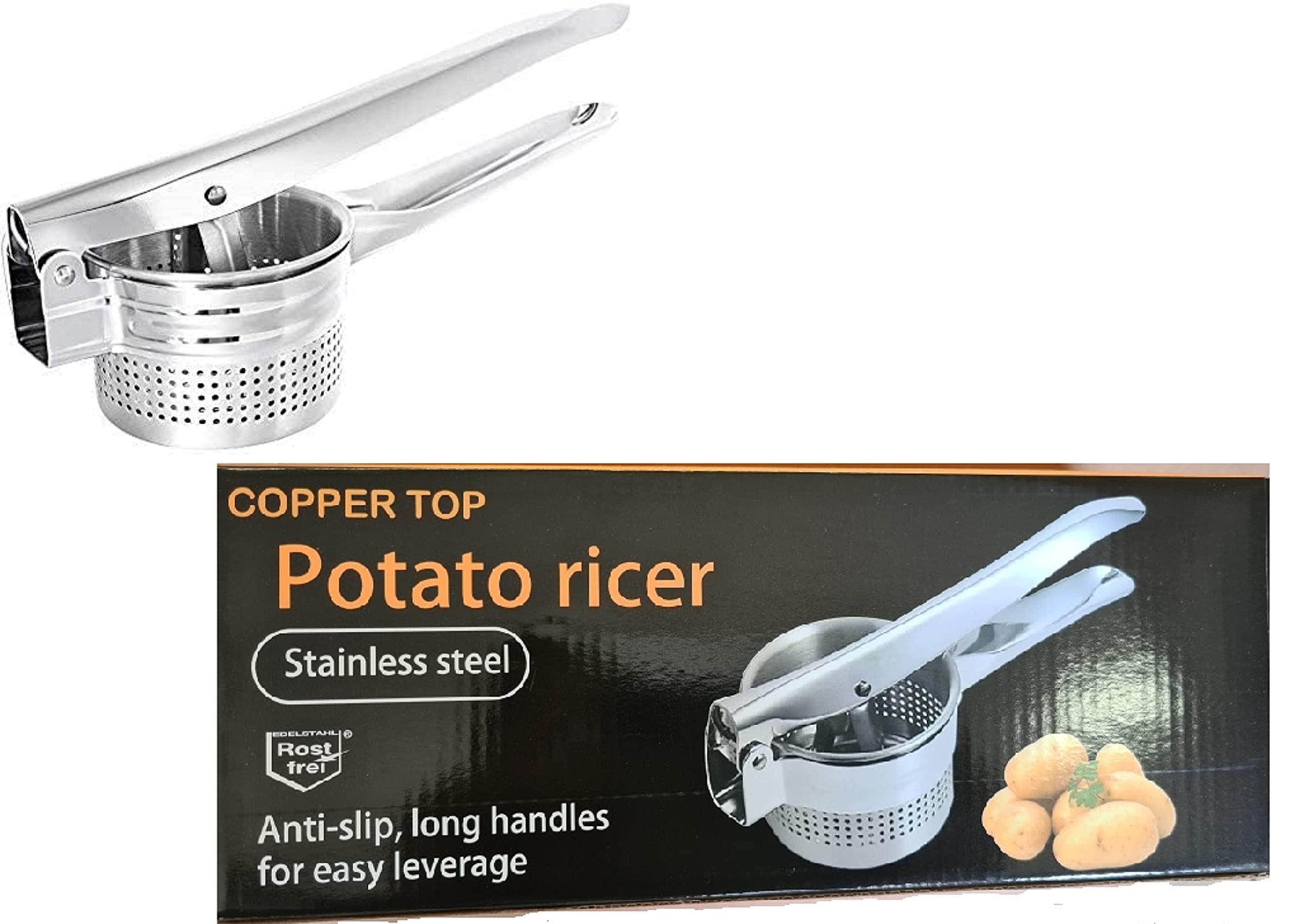Premium Stainless Steel Potato Ricer & Masher - Heavy Duty Food Press for Vegetables, Fruits & Purees - Multi-Functional Kitchen Utensil (Gift Pack) - Perfect for Making Baby Food, Mashed Potatoes & Juicing