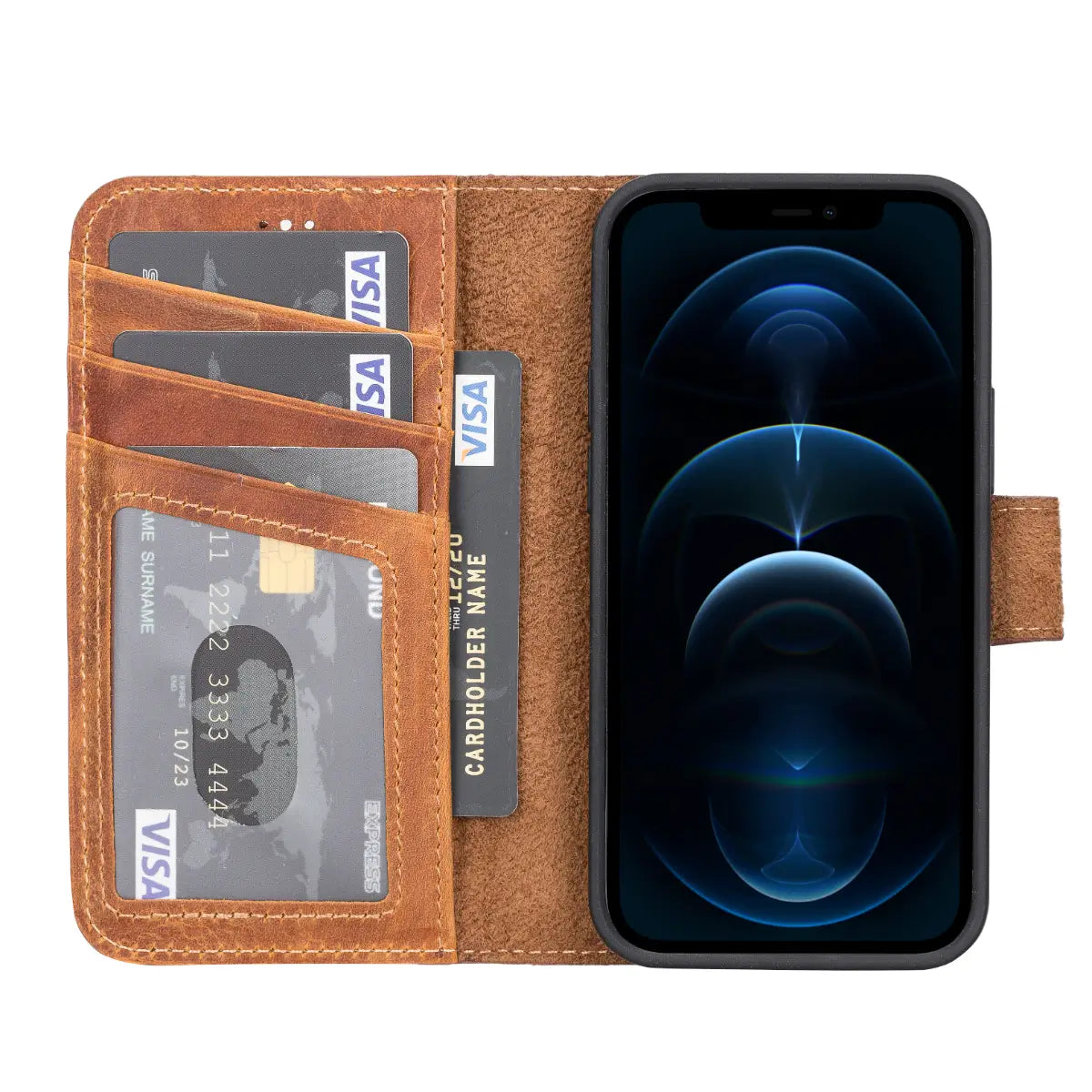 Premium Camel Brown Genuine Leather Wallet Case for iPhone 13 Mini - Slim Protective Cover with Card Slots (Perfect for Everyday Use, Travel & Business)