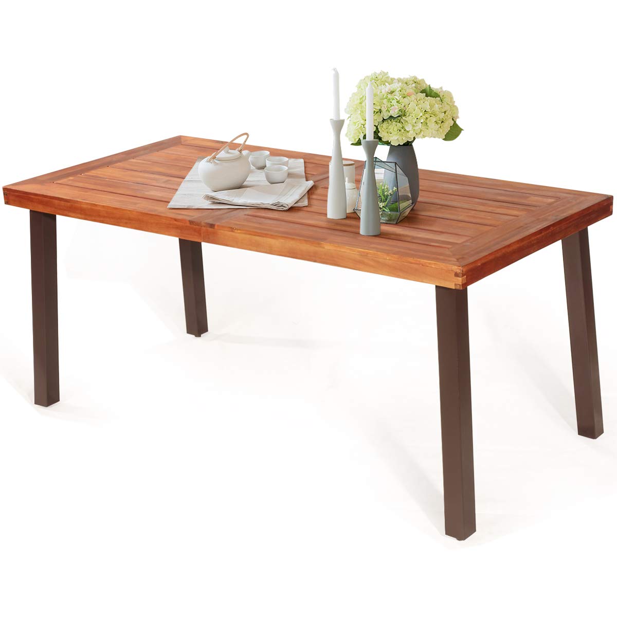 Tangkula Acacia Wood Outdoor Dining Table with Umbrella Hole - Rustic Steel Legs Modern Patio Table for Garden, Park, Poolside & Porch | Perfect for Backyard BBQs, Outdoor Entertaining & Al Fresco Dining